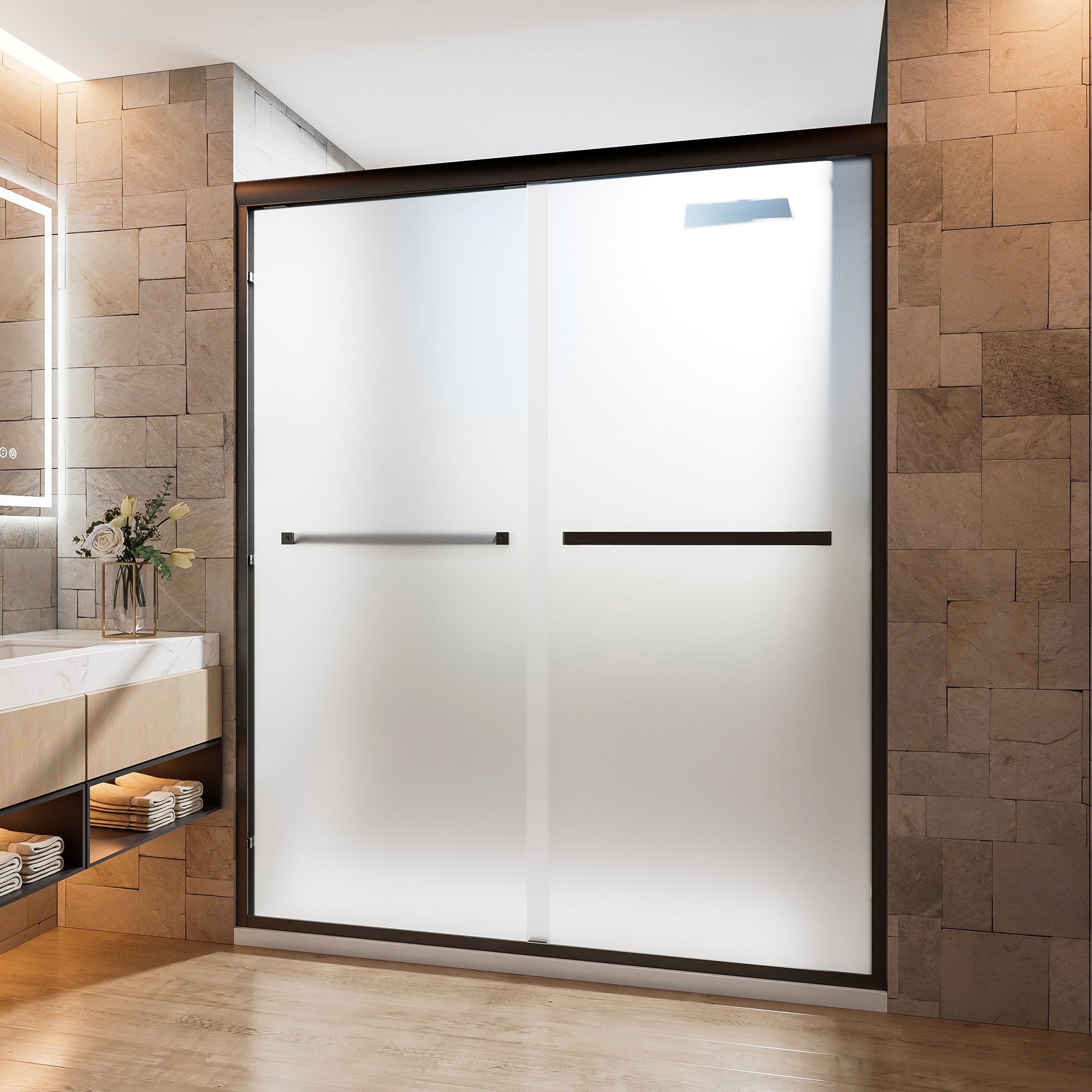 44-60 x 72 in Frosted Framed Double Sliding Shower Door - 56-60 x 72 in / Frosted Glass / Matte Black view 2