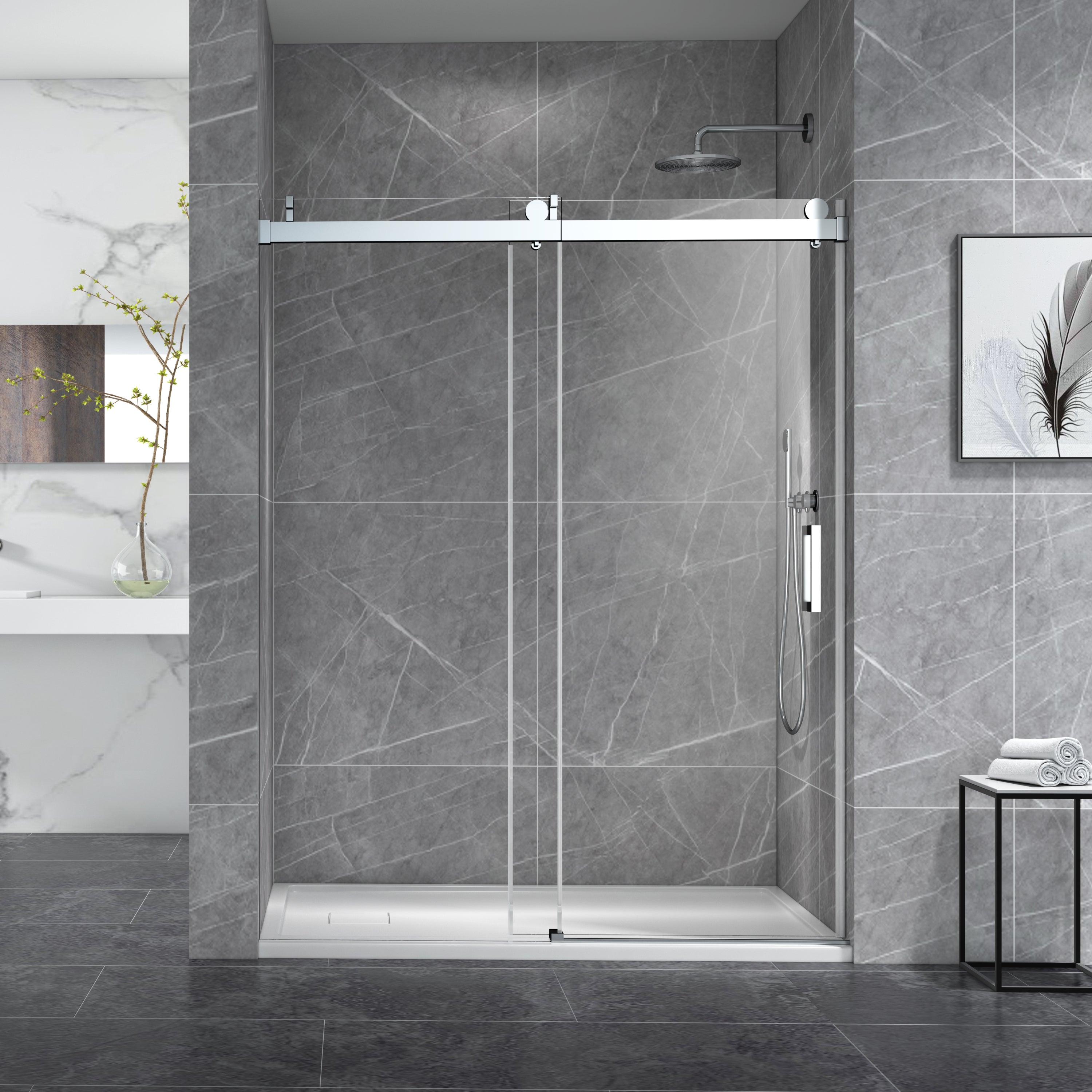 68-72 x 76 Inch Single Sliding Frameless Shower Door in Brushed Nickel with Soft-Closing and 3/8 Inch Clear Glass