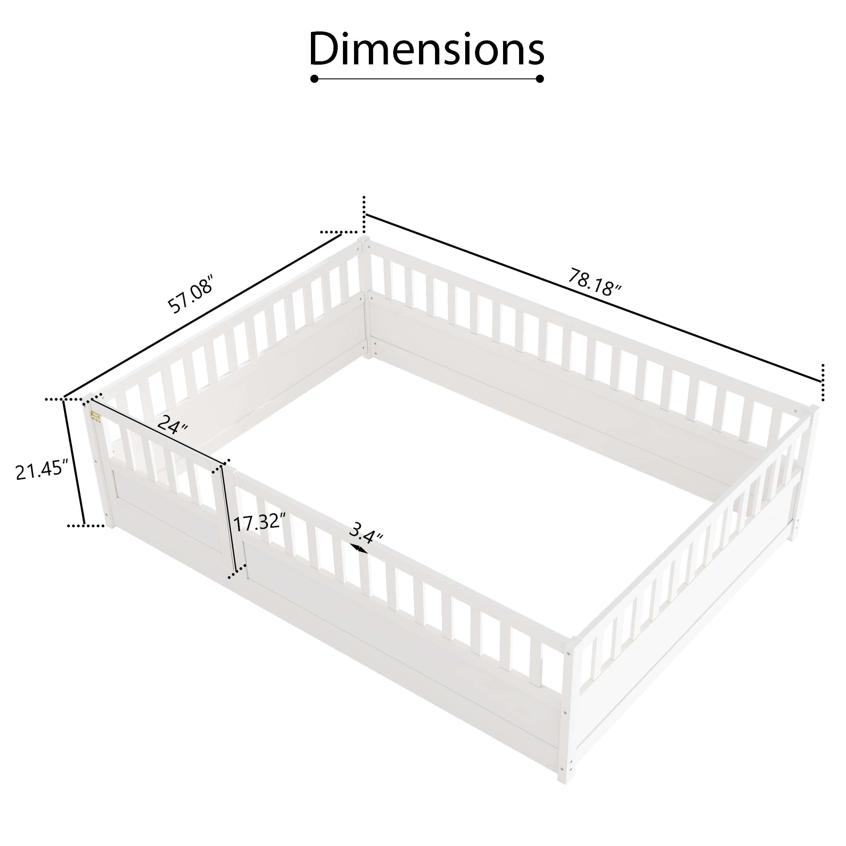 Full size Floor bed, integral construction with super high security barrier, door, children's floor bed frame, Montessori wooden children's floor bed, white