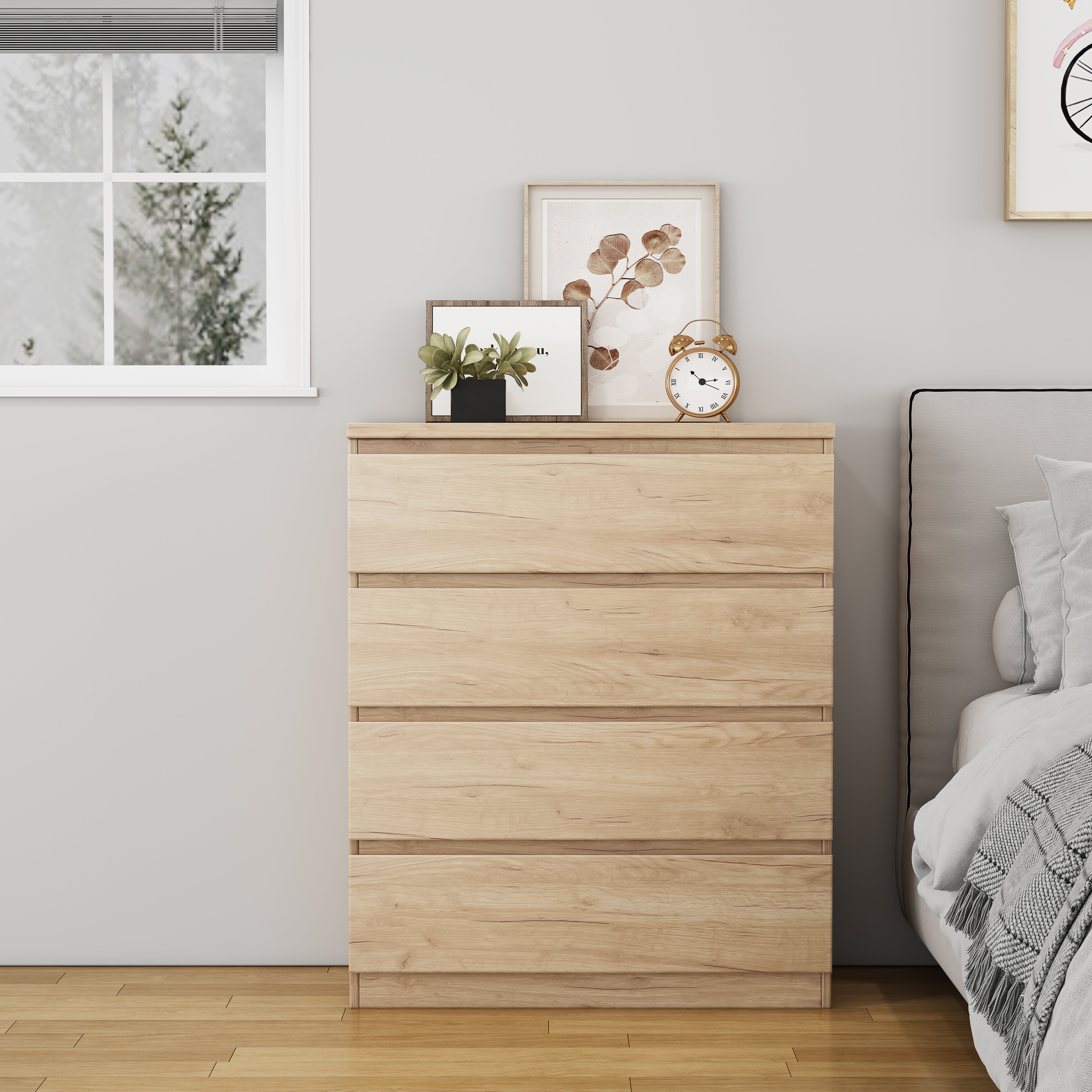 31.5-inch natural 4-drawer dresser, handle-free chest of drawers, front view