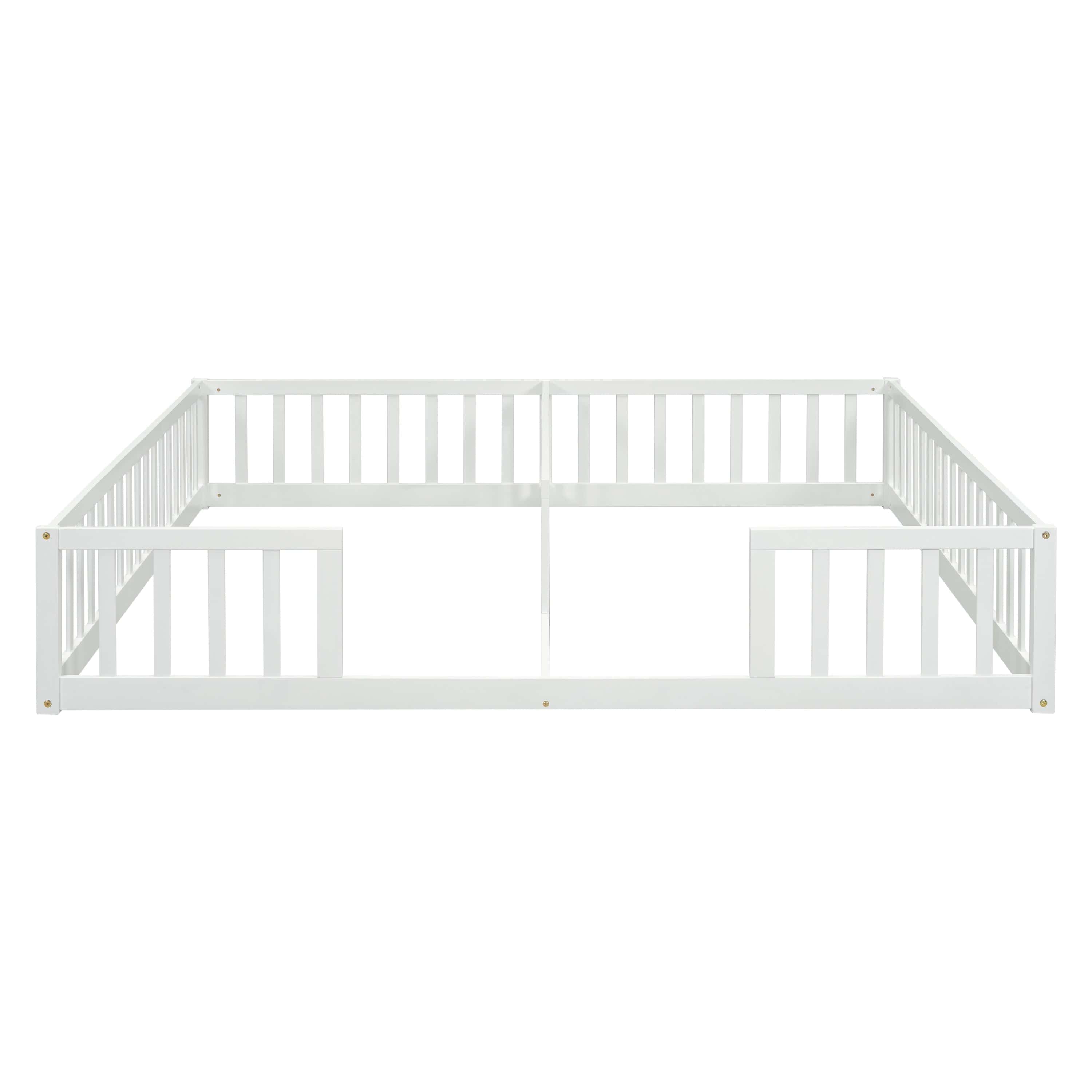 Double Twin Floor Bed with Fence, Guardrails, without door, White
