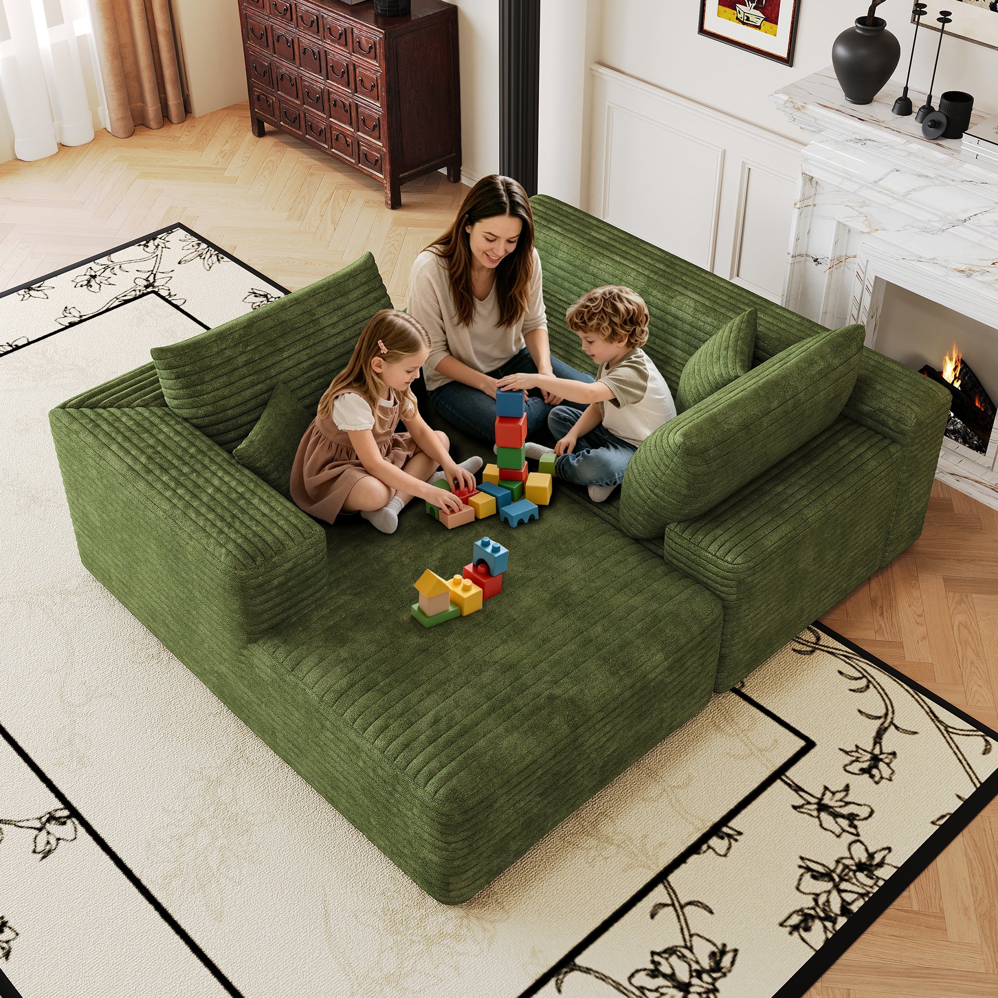 Green L-shaped sectional sofa, deep seat detail