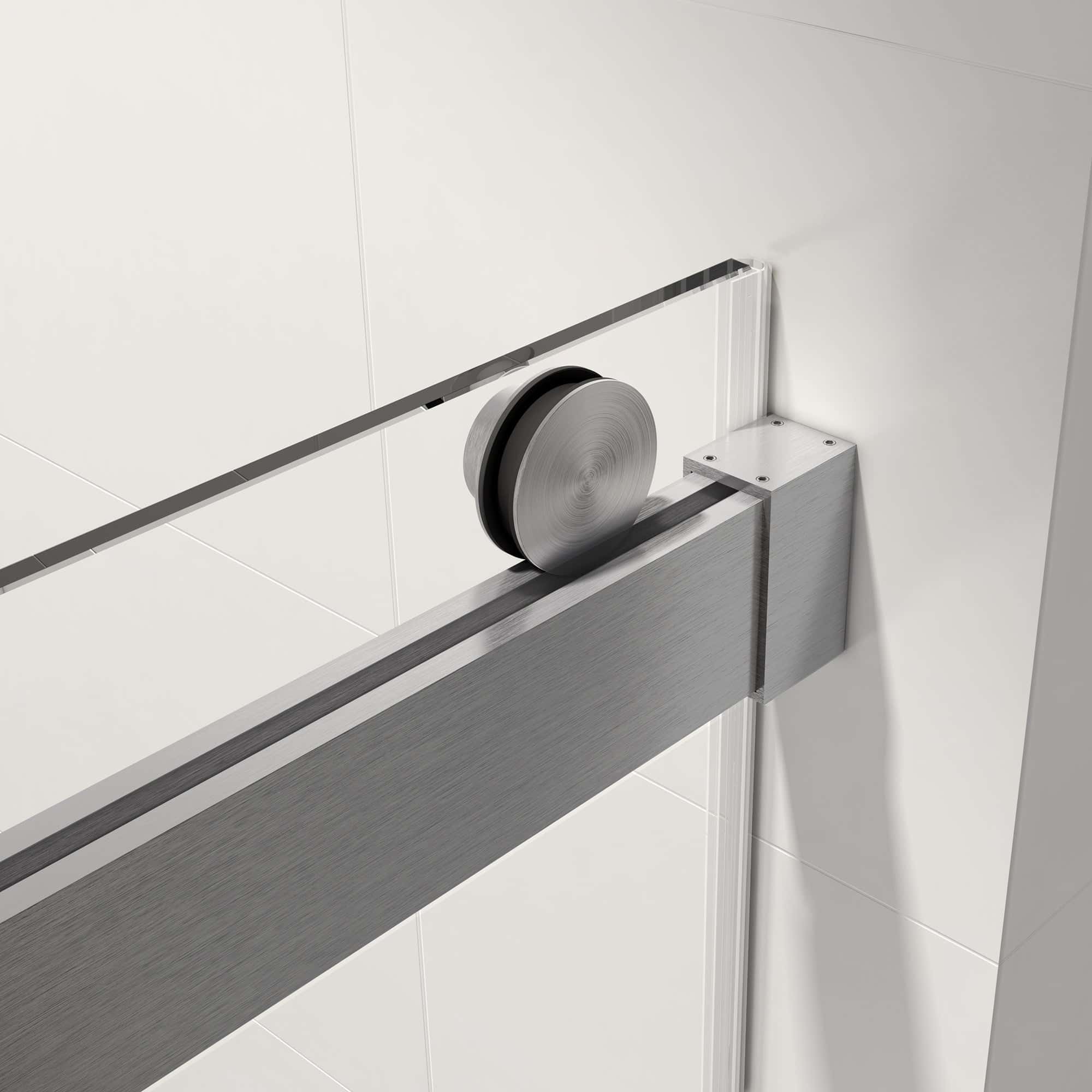 (43-48"W x 76"H), (56-60"W x 77"H), (68-72"W x 76"H), (68- 72"W x 77"H), (56-60"W x 76"H) Sliding Frameless Soft-Close Shower Door with Premium 3/8 Inch (10mm) Thick Tampered Glass in Brushed Nickel