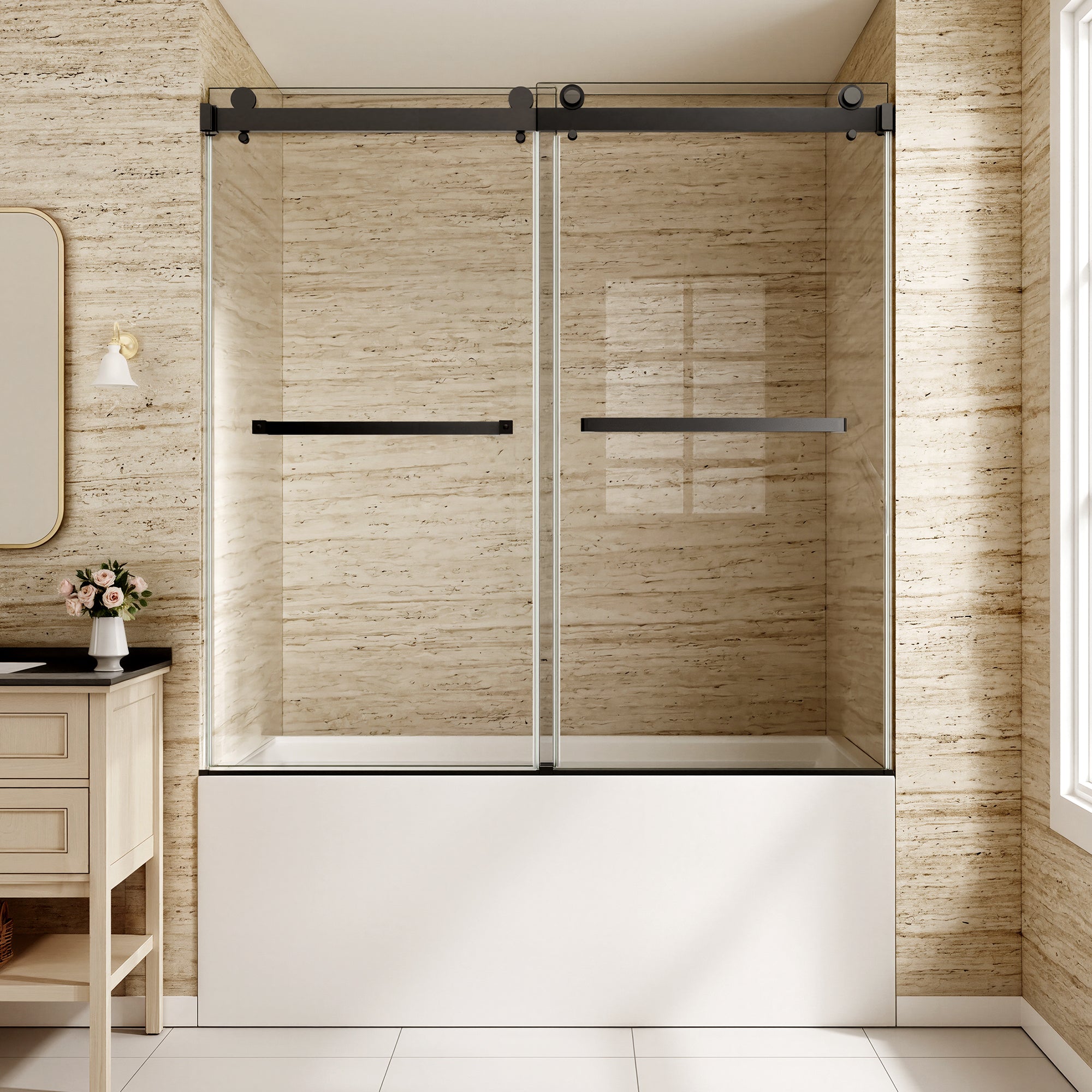 60 x 60 in Frameless Double Sliding Tub Door - 60 x 60 in / Clear Glass / Matte Black view 1