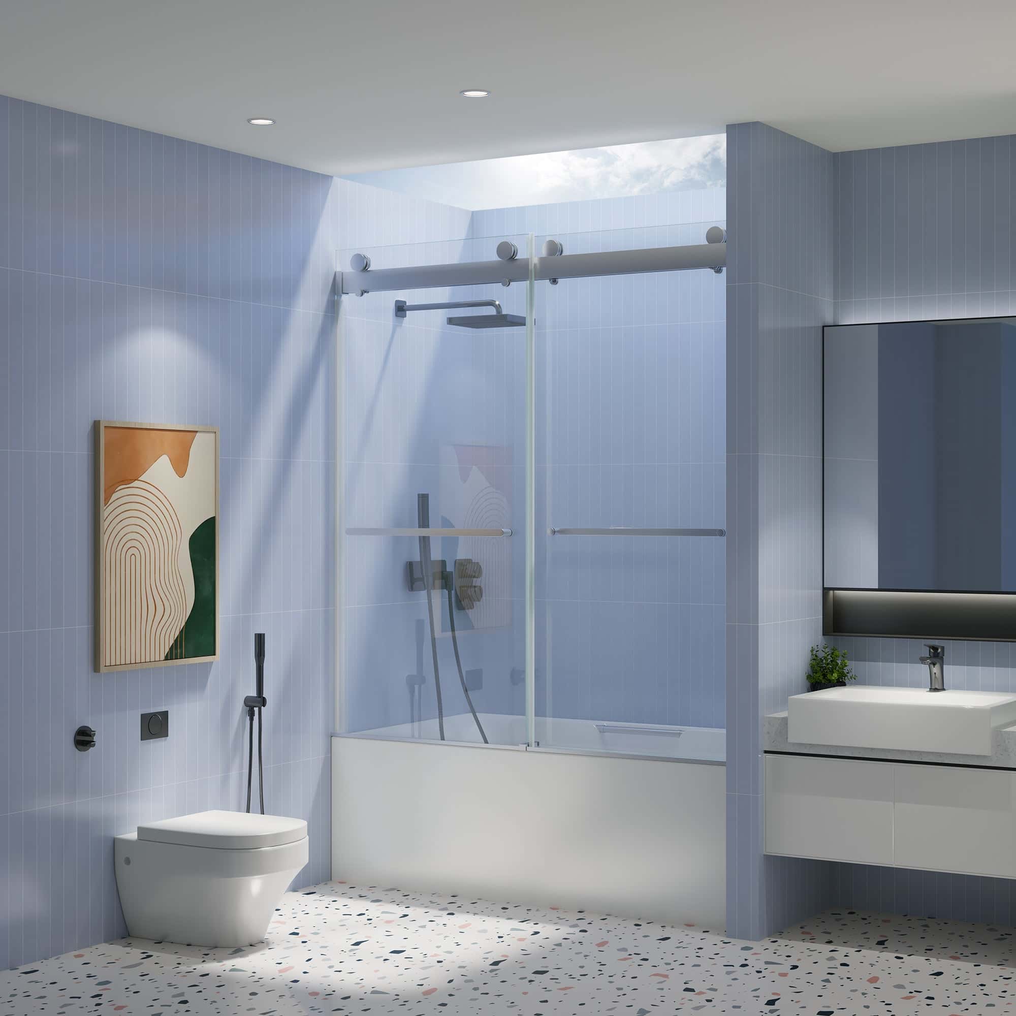 56-60"W x 65''H Frameless Double Sliding Tub Door, Bypass Tub Door Clear Glass Soft Closing in Chrome 23D02-T60C