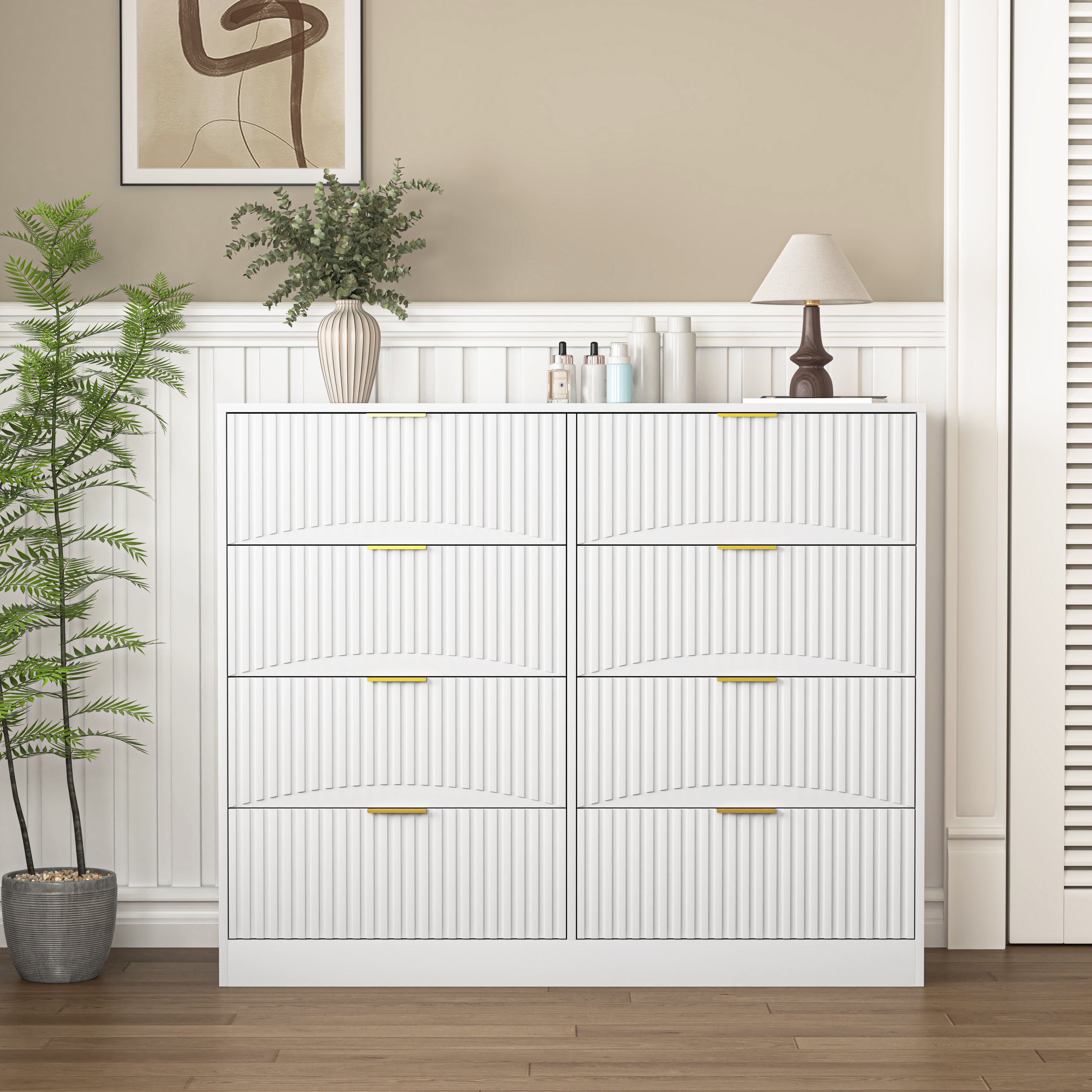 White wood dresser gold handles, drawers open detail view
