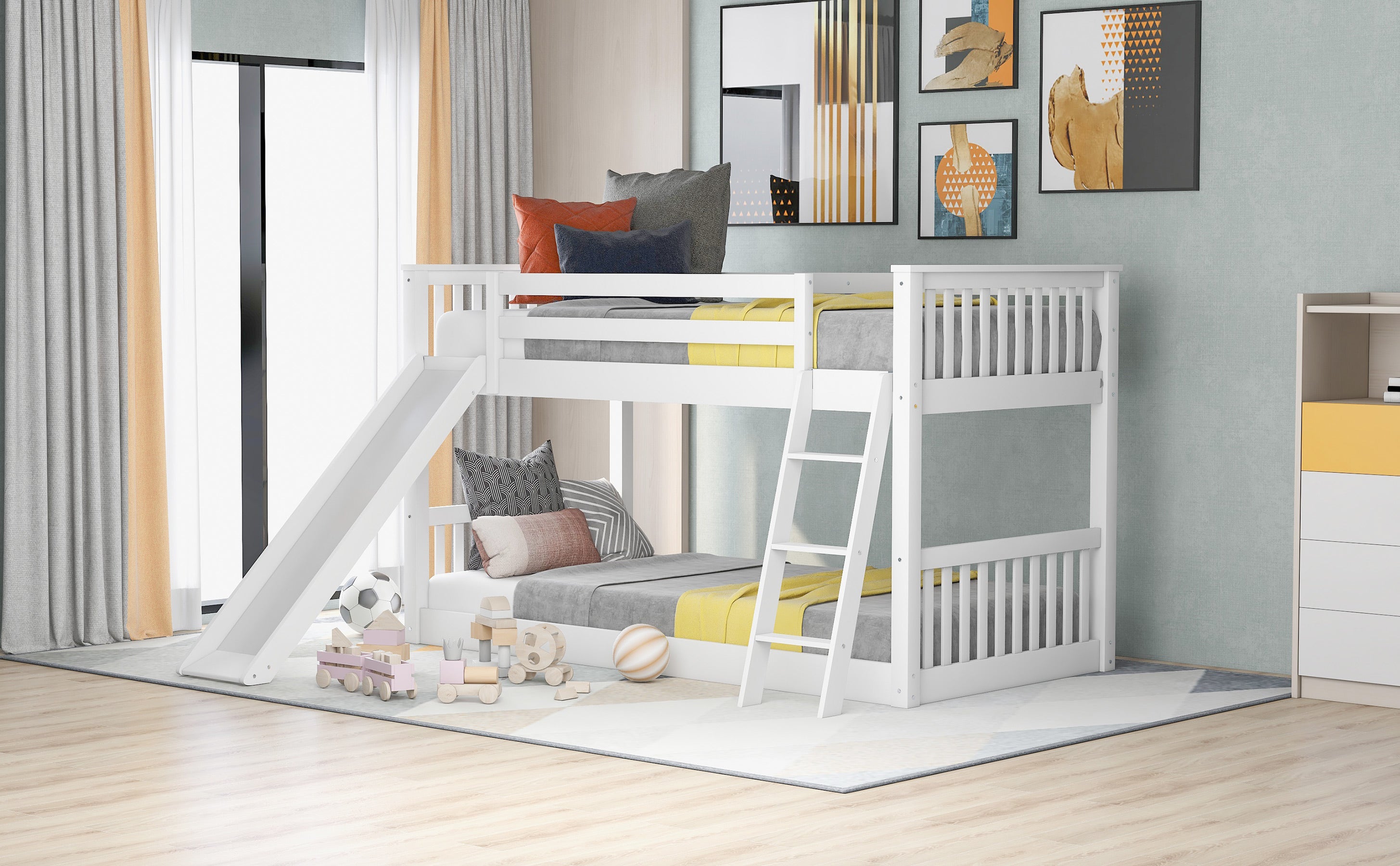 White twin bunk bed with slide and ladder, room setting view