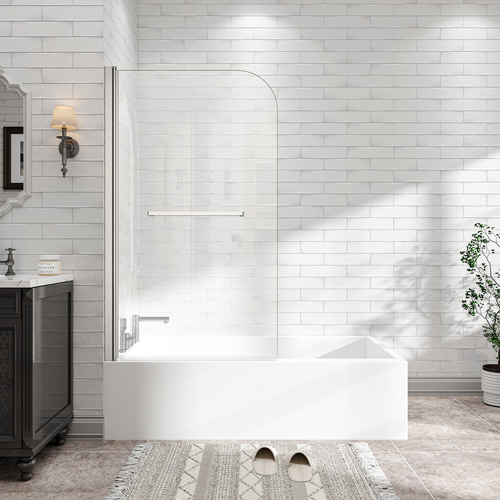 Brushed nickel 31-32 in. frameless pivot bathtub screen
