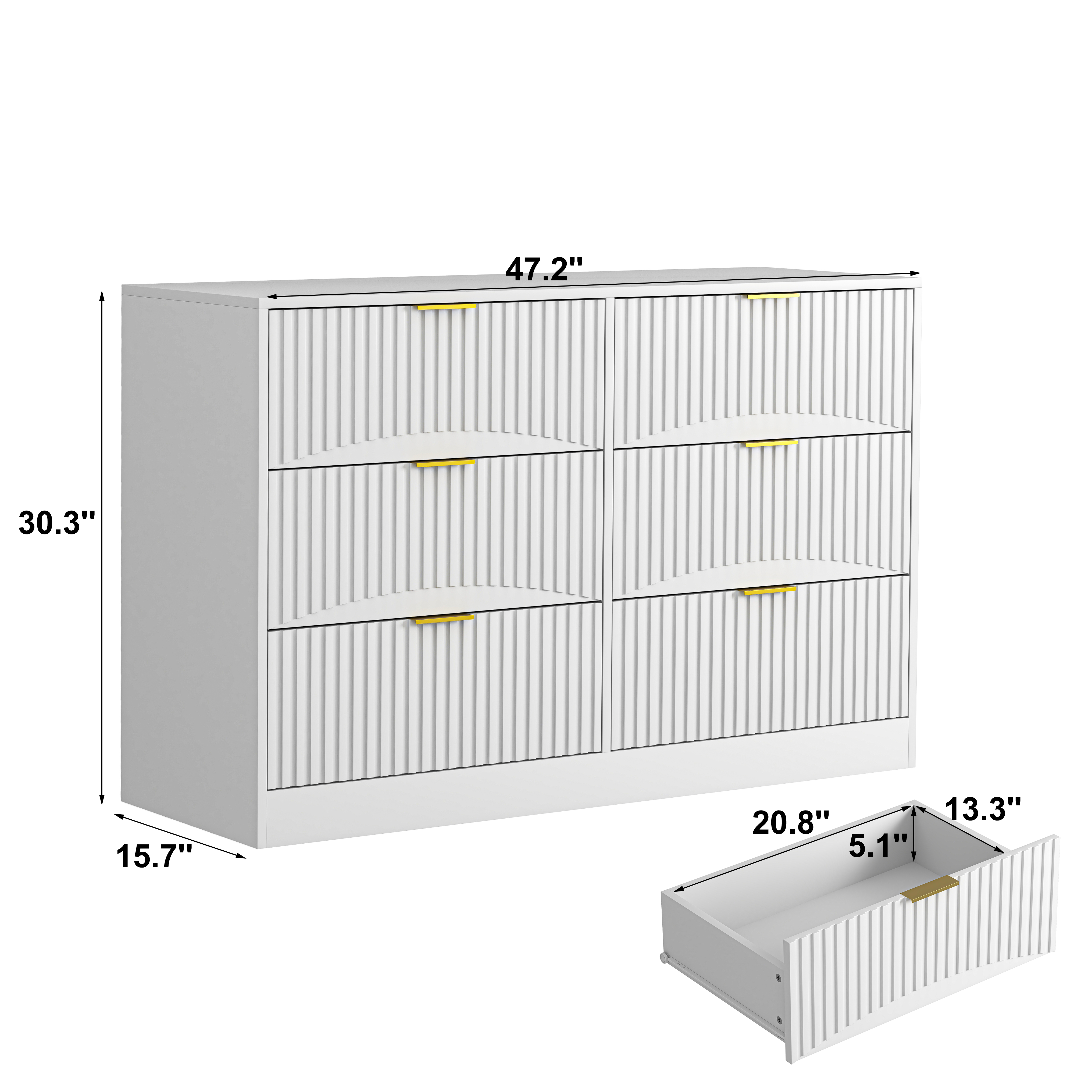 White 6-drawer chest of drawers, modern wavy-front storage cabinet, angled view