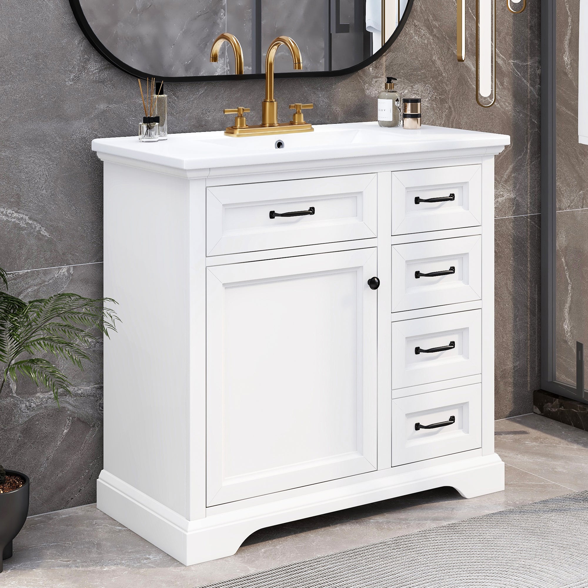 36-inch white bathroom vanity with ceramic sink, angled view