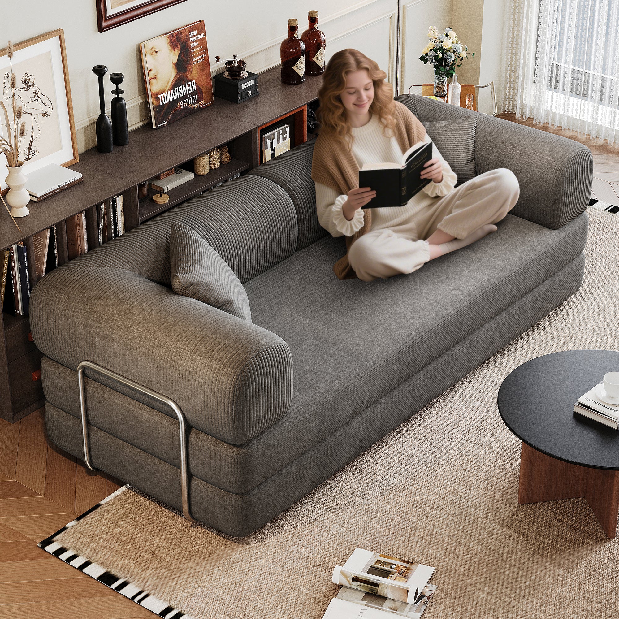 Grey corduroy boneless modular sectional loveseat, detail view