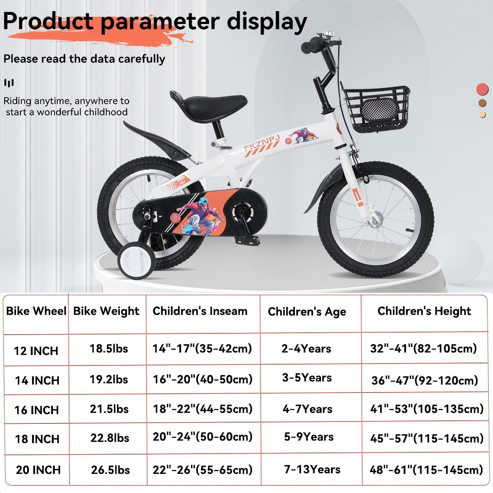 FKZNPJ 18 inch sporty kids bike with training wheels and stand Adjustable saddle Suitable for boys and girls aged 5-10 years tall Height 39-49 inches Available in a variety of colors