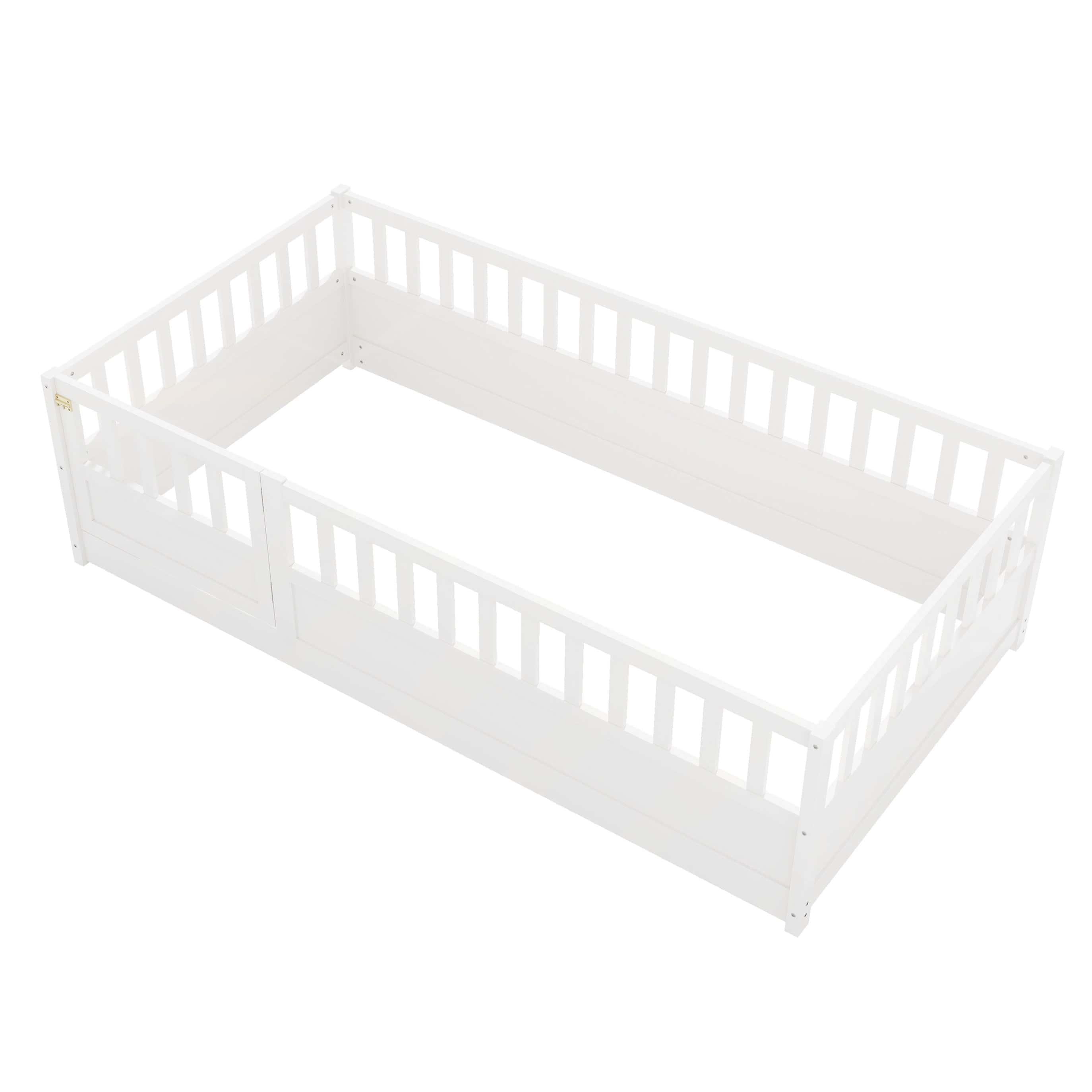 Twin Size Floor bed, integral construction with super high security barrier, door, children's floor bed frame, Montessori wooden children's floor bed, white