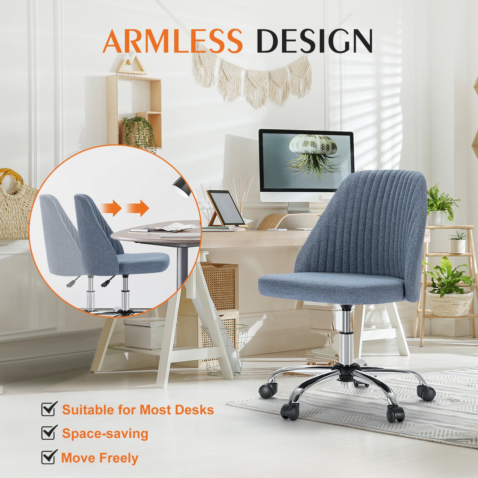 Sweetcrispy Armless Home Office Desk Chair with Wheels Adjustable Swivel Task Computer Vanity Chair for Small Spaces