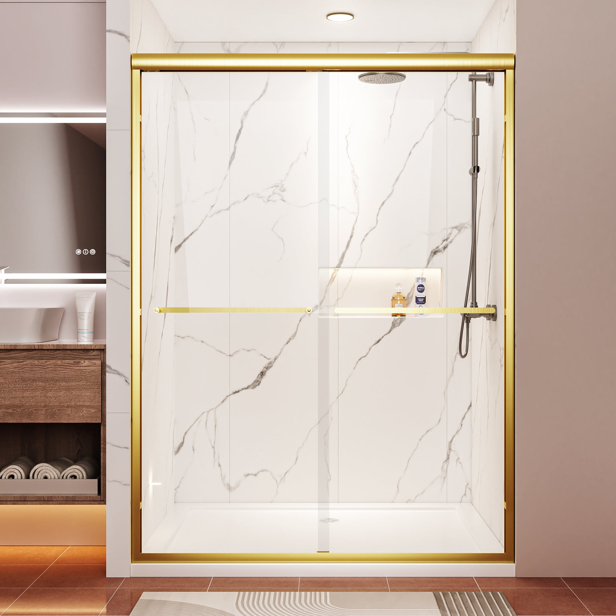 Brushed gold double sliding shower door 50-54 inch front view