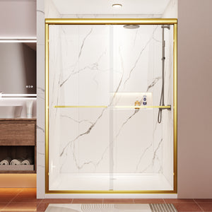 Brushed gold double sliding shower door 50-54 inch front view