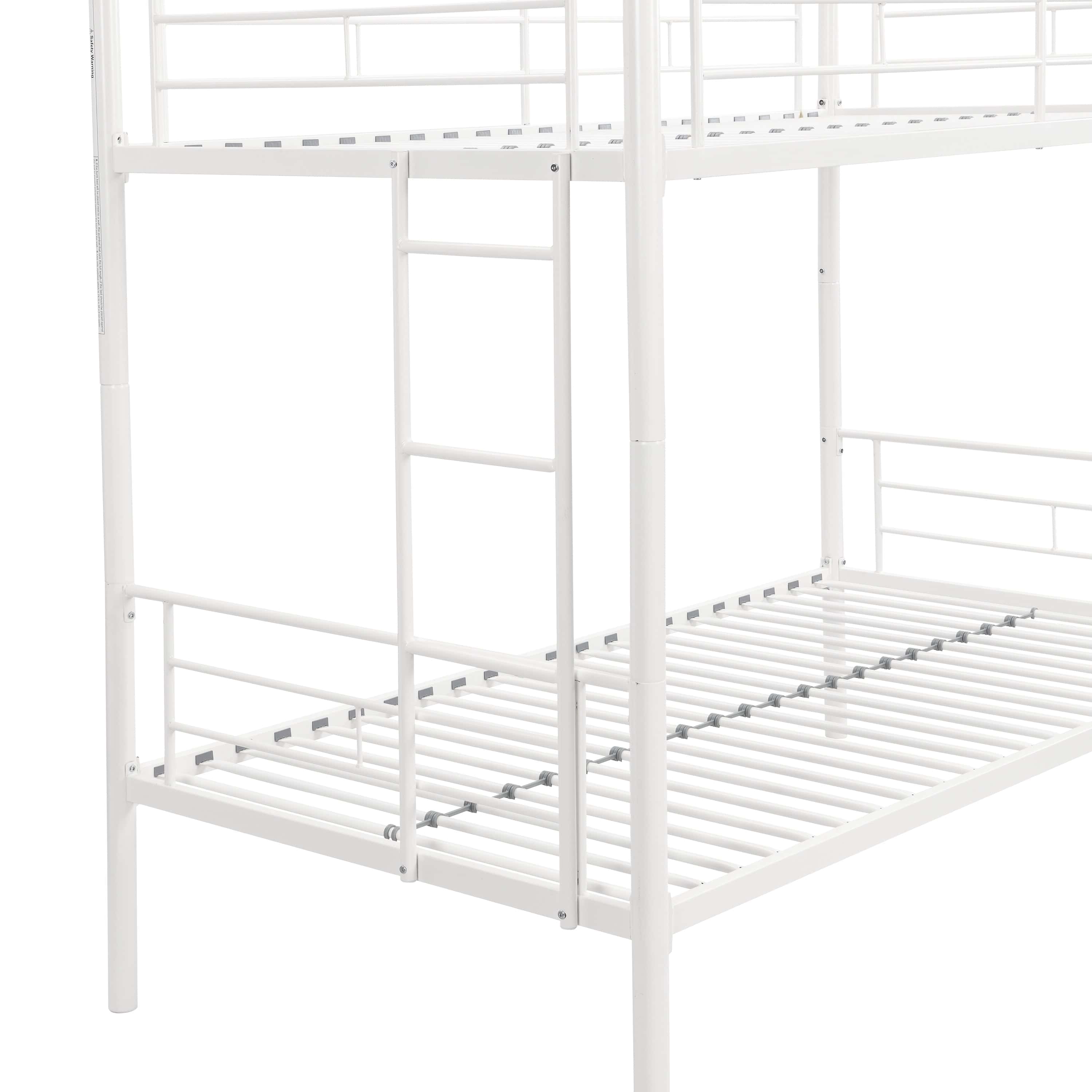 Twin Over Twin Metal Bunk Bed,Metal Structure Bedframe with Safety Guardrails and 2 ladders,Convertible Bunkbeds,No Spring Box Required and Space Saving Design,White