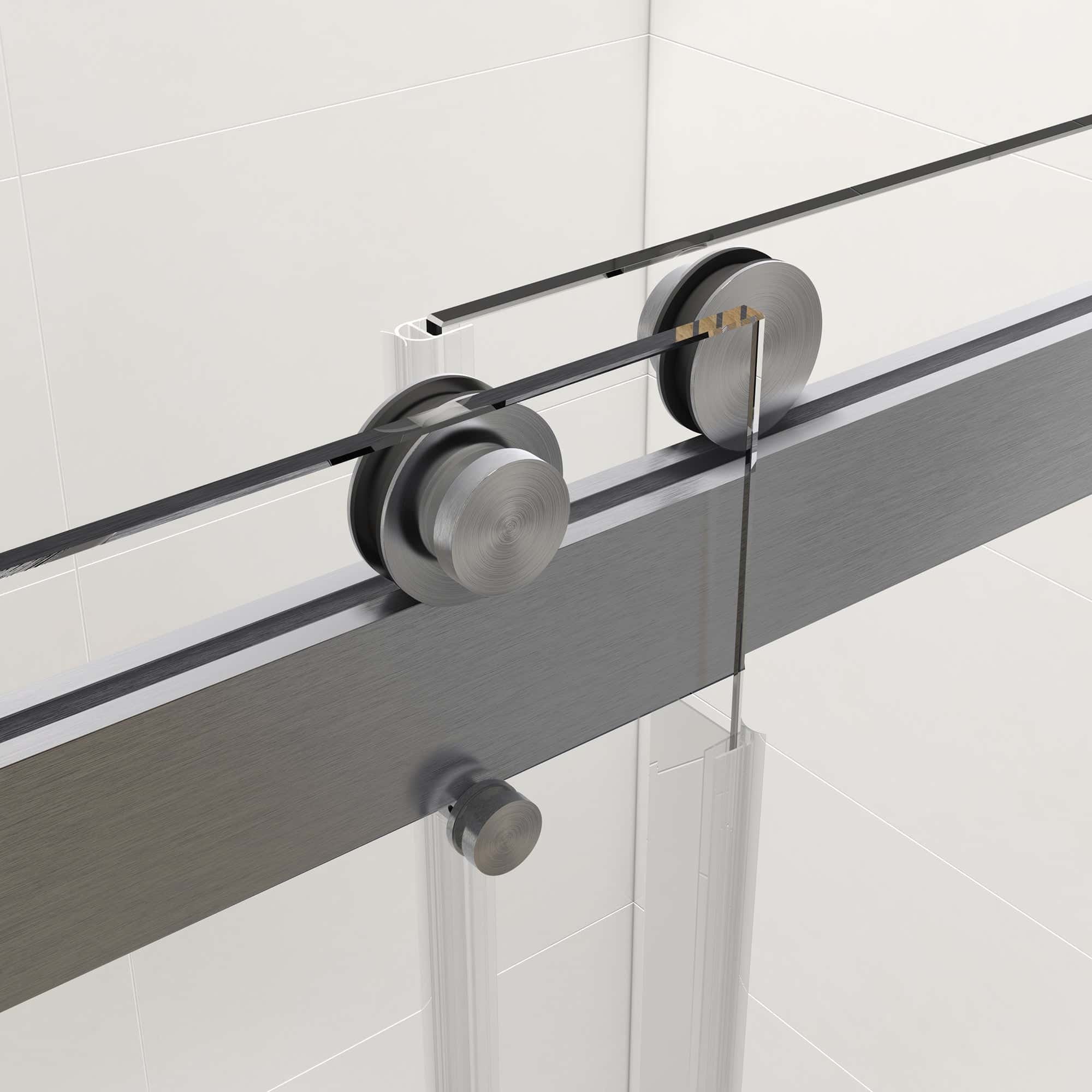 (43-48"W x 76"H), (56-60"W x 77"H), (68-72"W x 76"H), (68- 72"W x 77"H), (56-60"W x 76"H) Sliding Frameless Soft-Close Shower Door with Premium 3/8 Inch (10mm) Thick Tampered Glass in Brushed Nickel