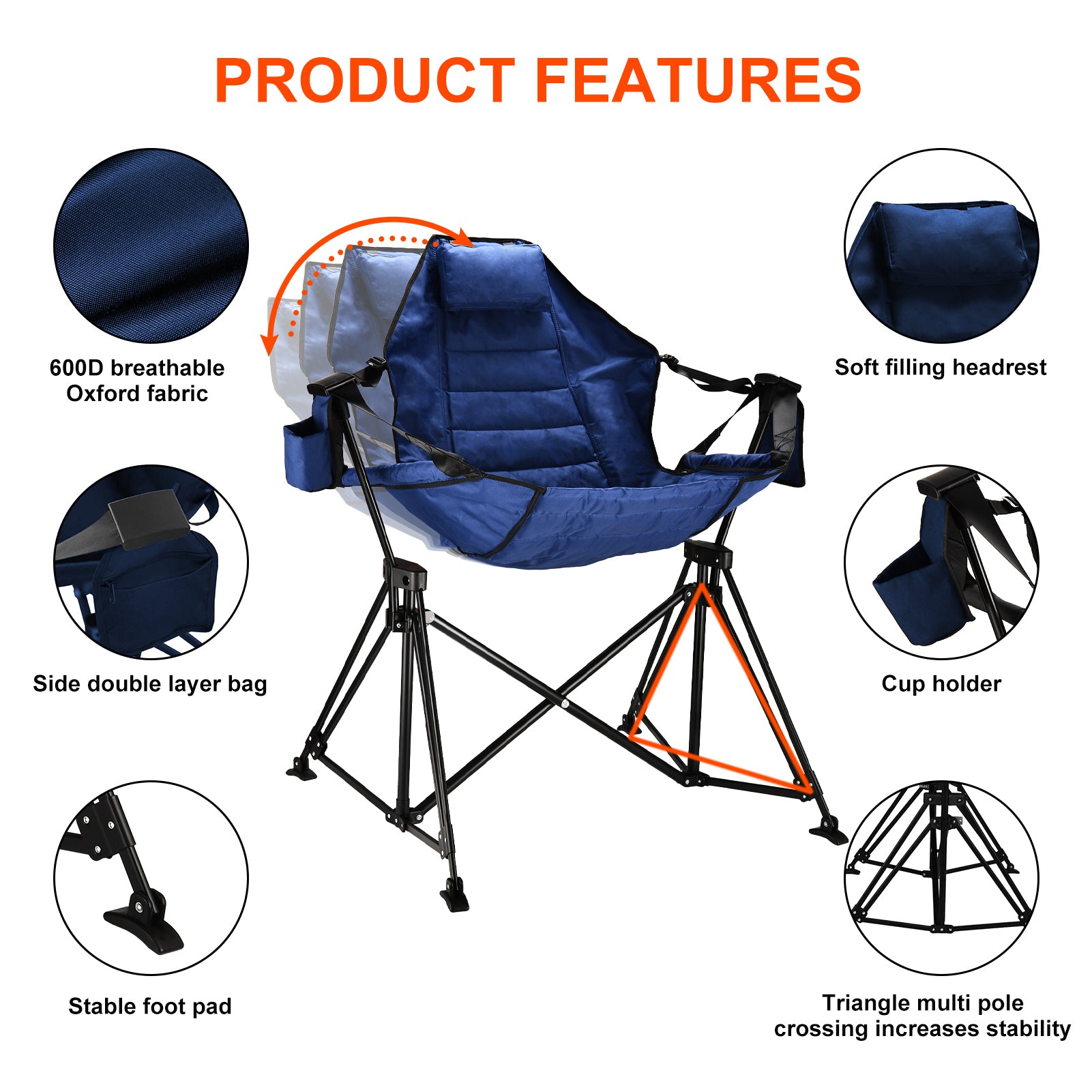 Hammock Camping Chair Folding 350 lbs Foldable Portable Rocking Chairs for Adults Outside Swinging Camp with Stand Lawn Garden Hanging Outdoor