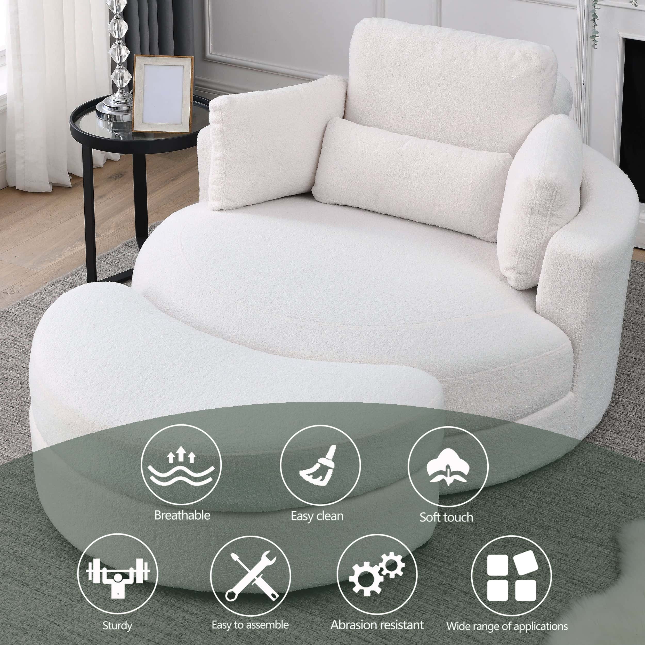 Welike Swivel Accent Barrel Modern Sofa Lounge Club Big Round Chair with Storage Ottoman Linen Fabric for Living Room Hotel with Pillows,Teddy White (Ivory)