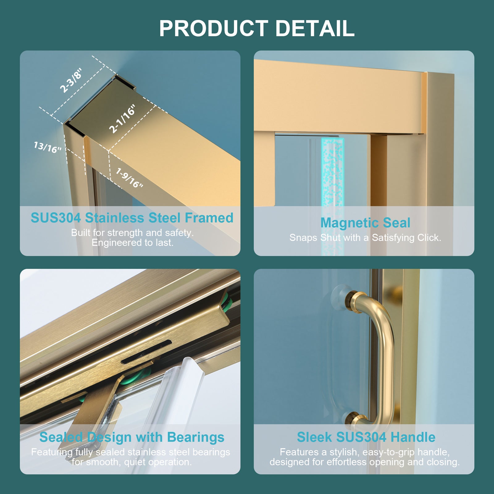 Gold triple bypass sliding shower door installed bathroom view