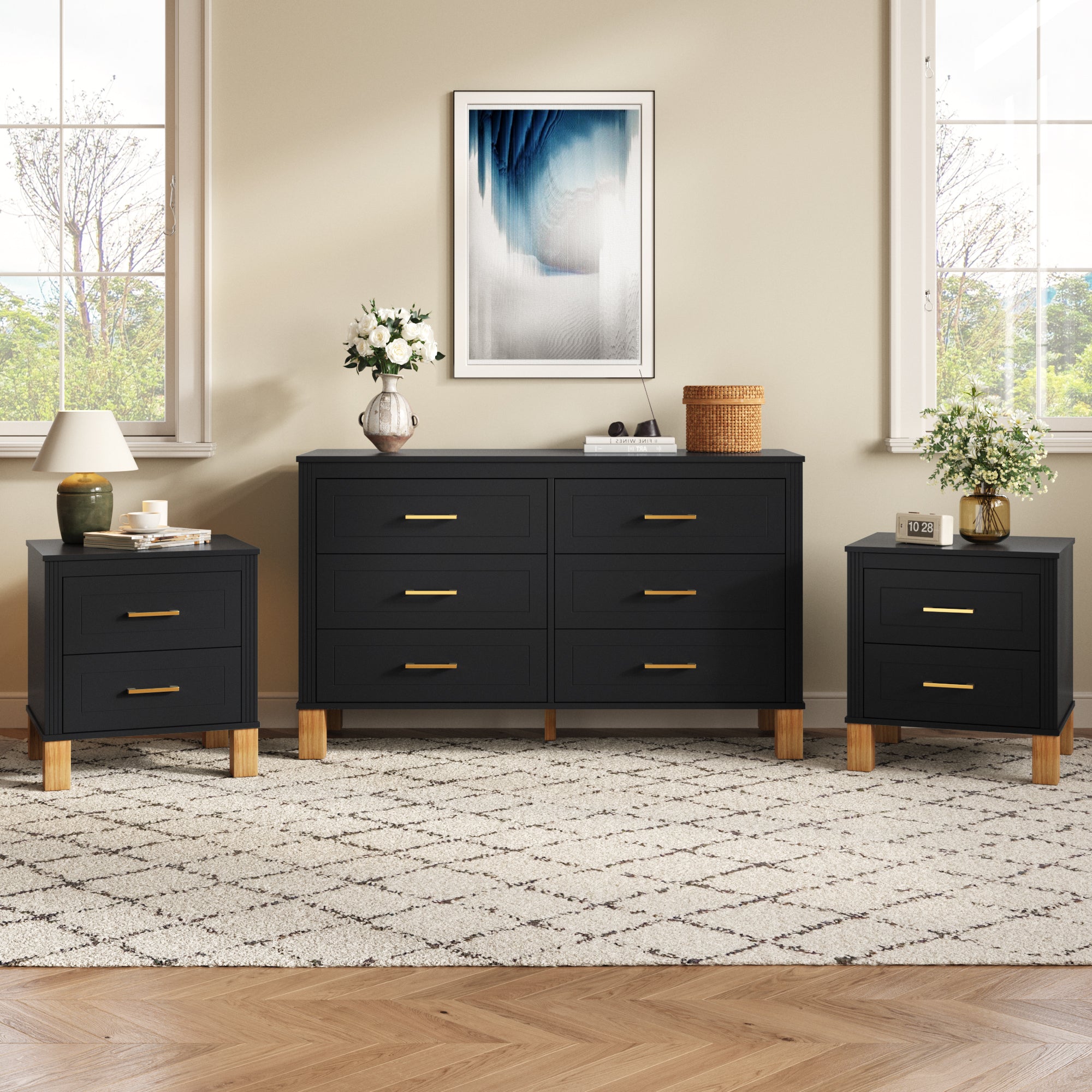 Black fluted nightstand metal handle close-up detail