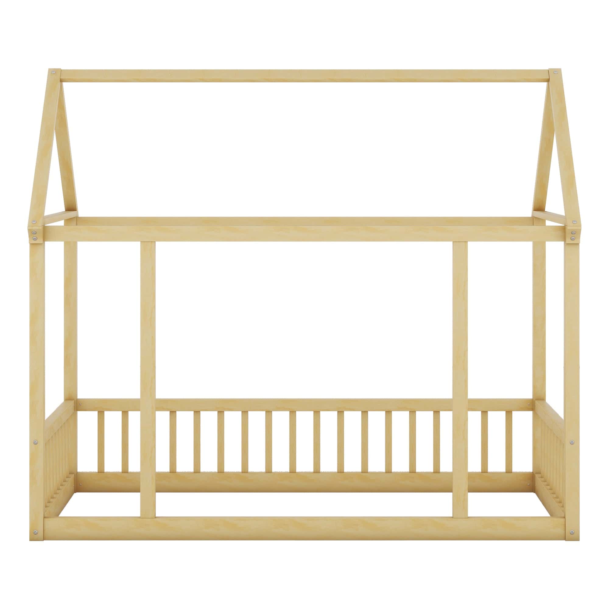 Twin Size Floor Wooden Bed with House Roof Frame and Safety Guardrails,Natural
