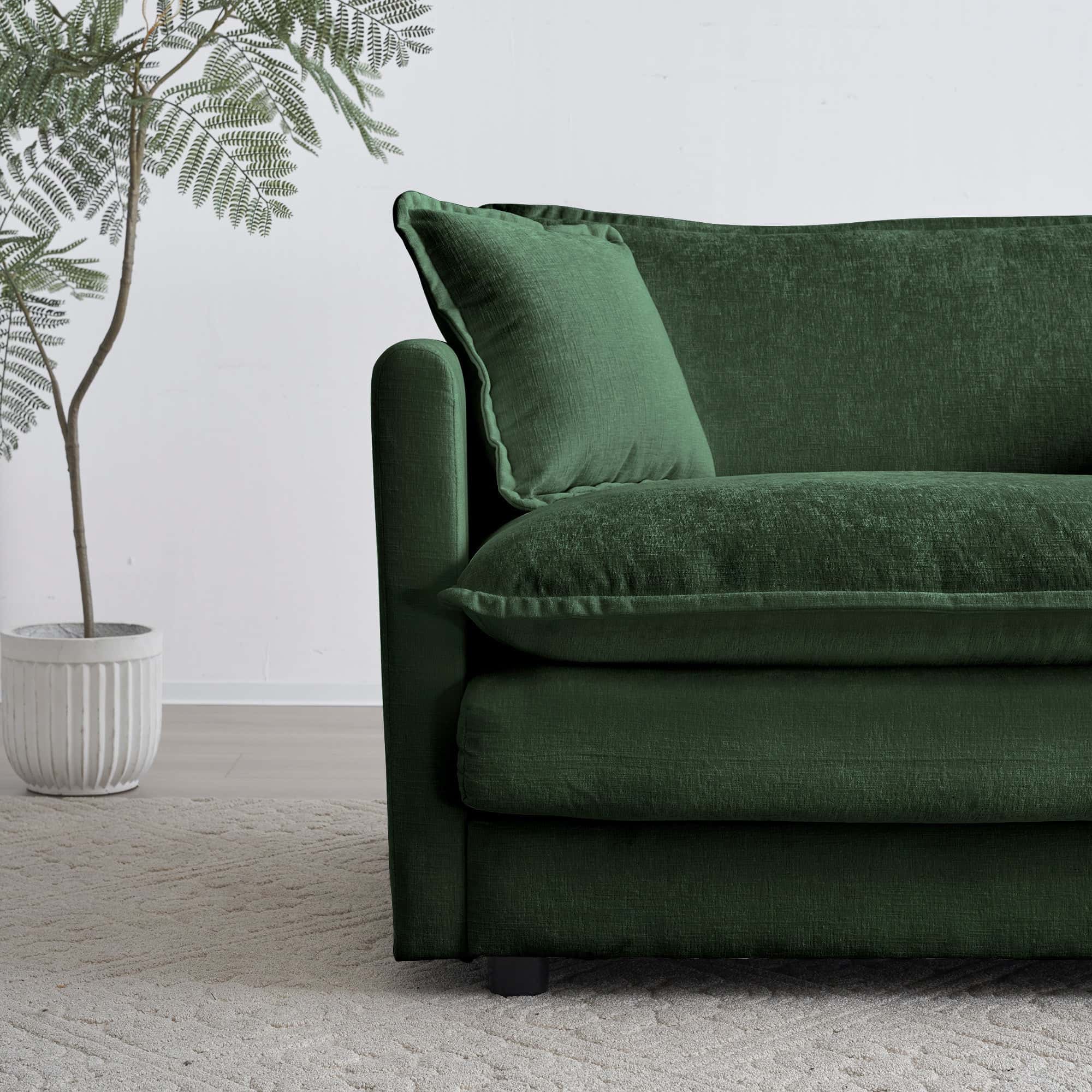 Mid-Century Modern Couch 3-Seater Sofa with 2 Armrest Pillows and 3 Toss Pillows, Couch for Living Room Green Chenille