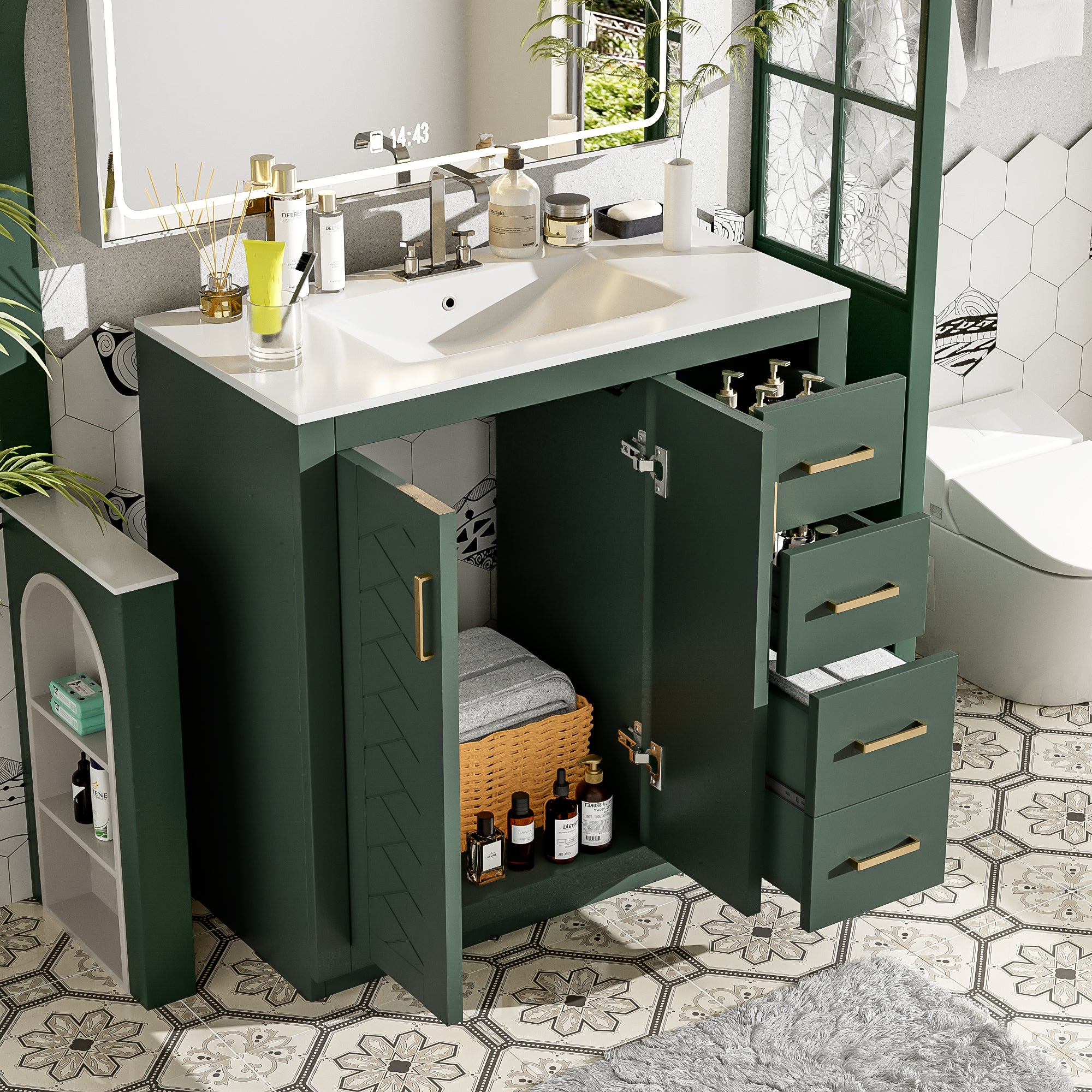 Freestanding bathroom vanity with 3 drawers open, storage view