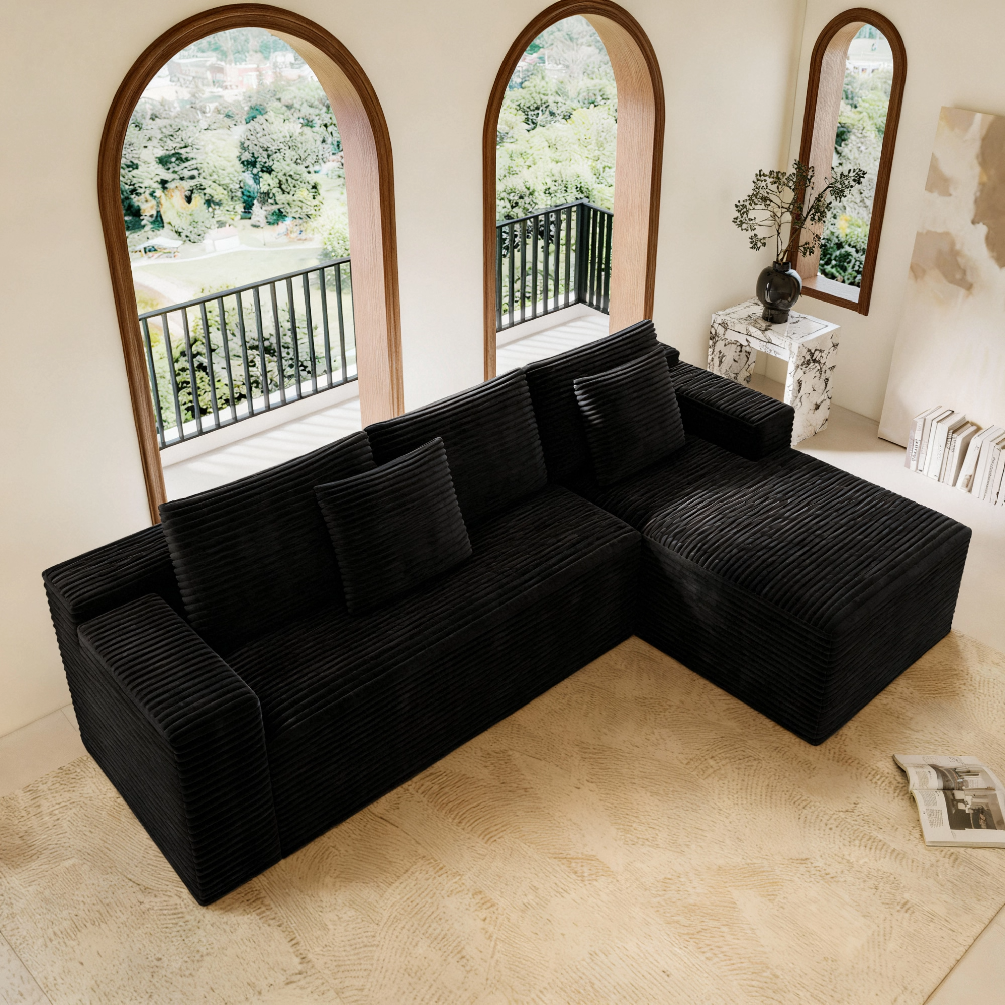 Black corduroy modular sofa, two-piece configuration layout