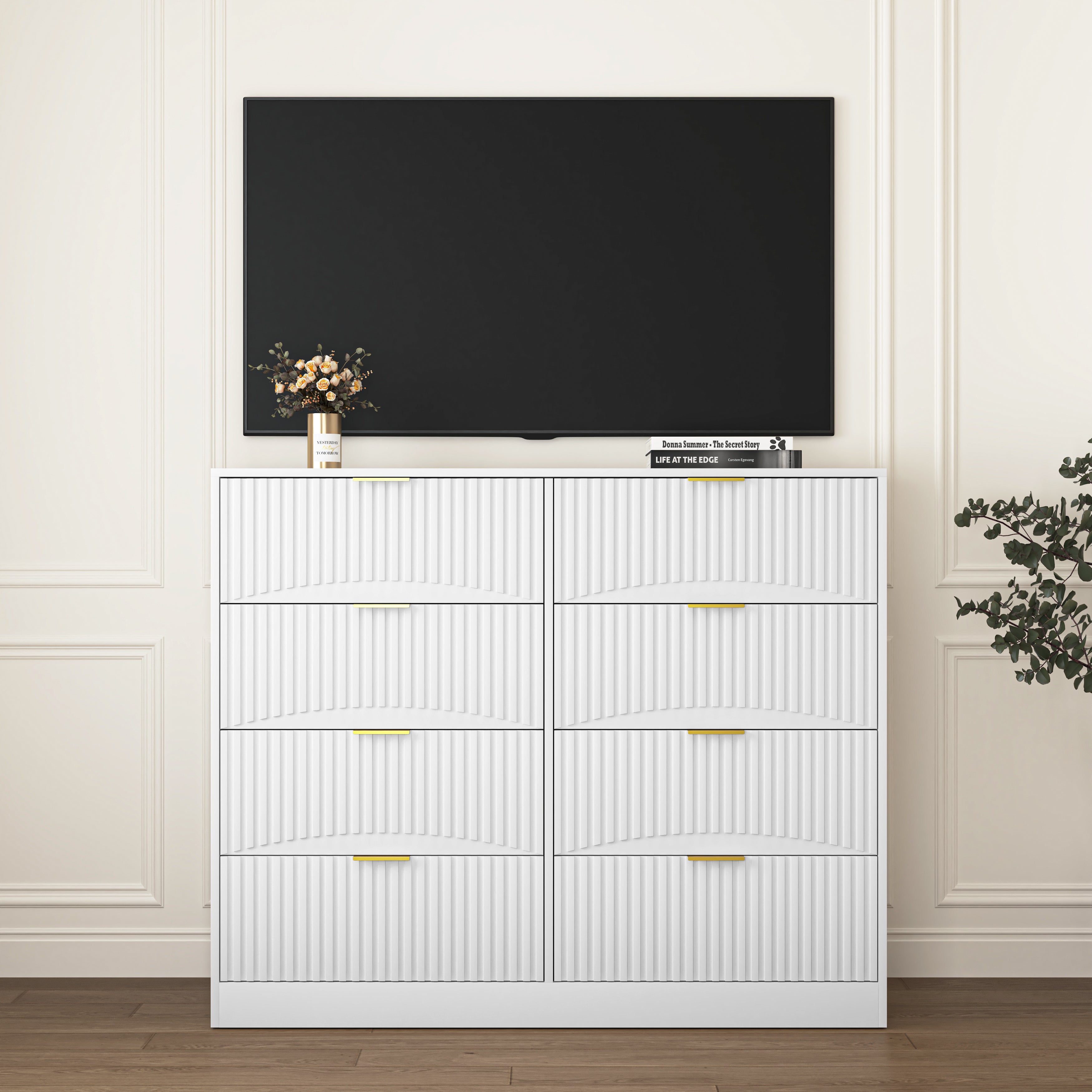 White wood chest of drawers gold handle close-up detail