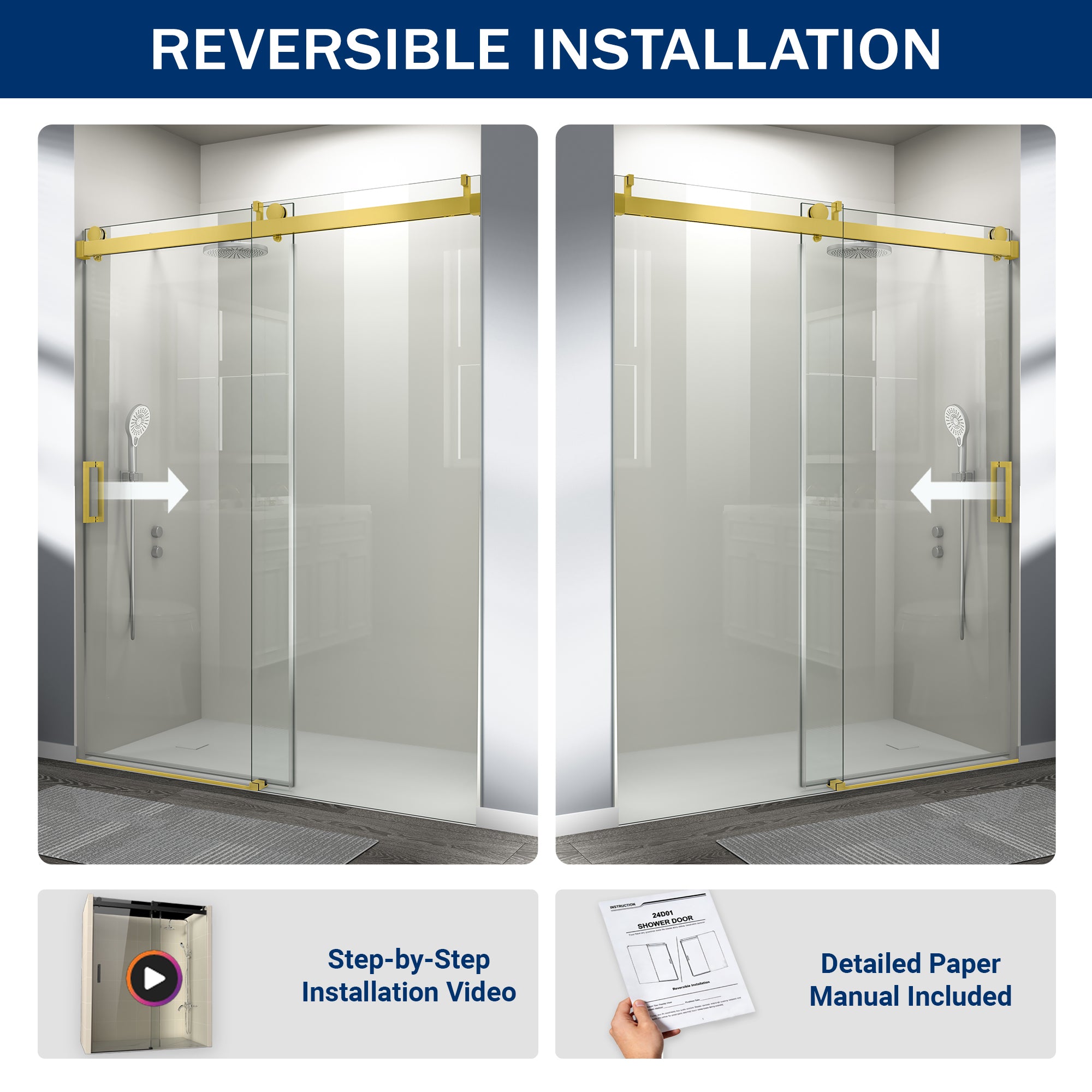Frameless sliding shower door 56 to 60 inch gold finish glass view