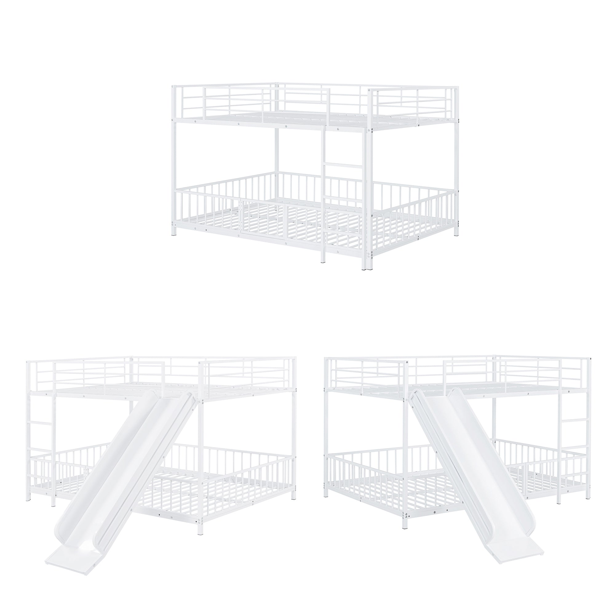 Full over Full Size Metal Bunk Bed with Slide and Guardrails, White