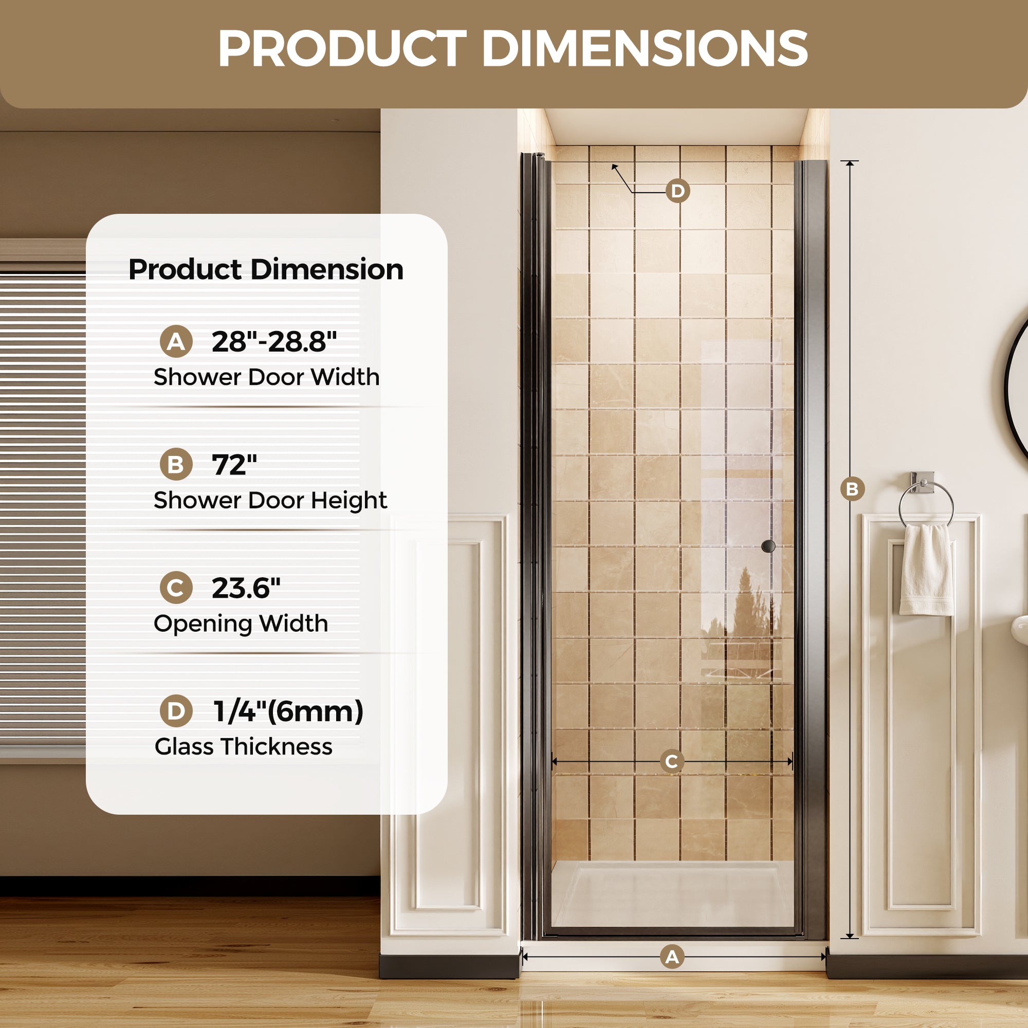 28-34.8 x 72 in Matte Black Frameless Pivot Shower Door - 28-28.8 x 72 in / Matte Black view 2