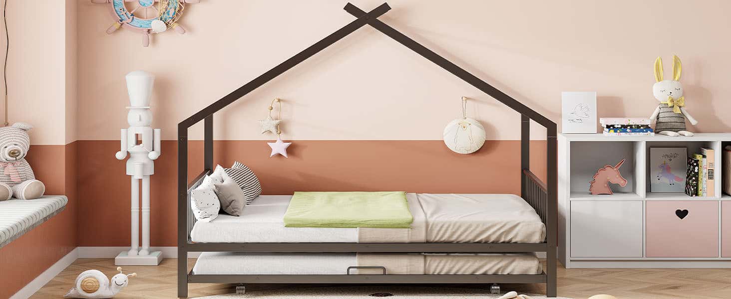 Full Size Metal House Bed with Twin Size Trundle, Black