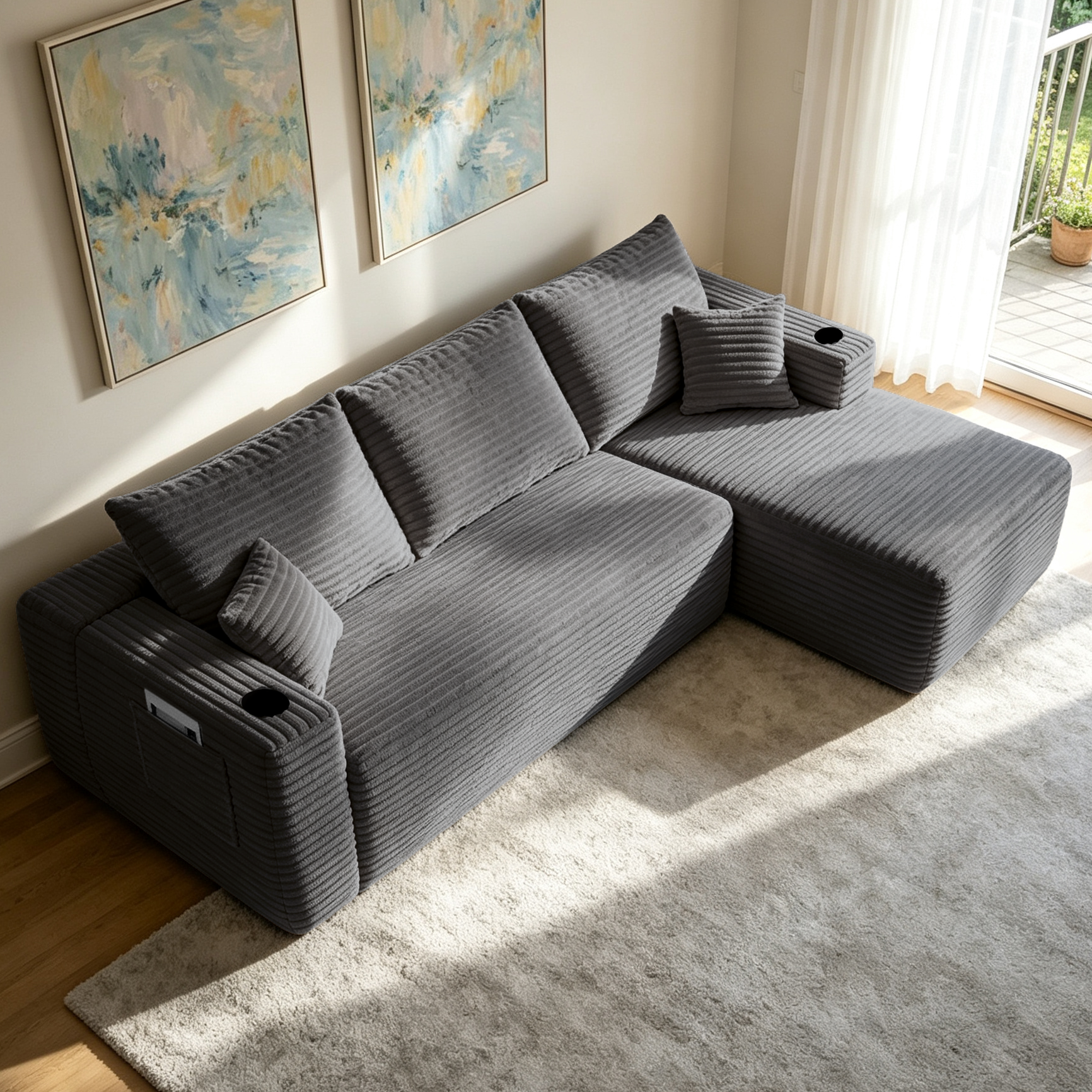 Grey modular sectional sofa deep seating detail view