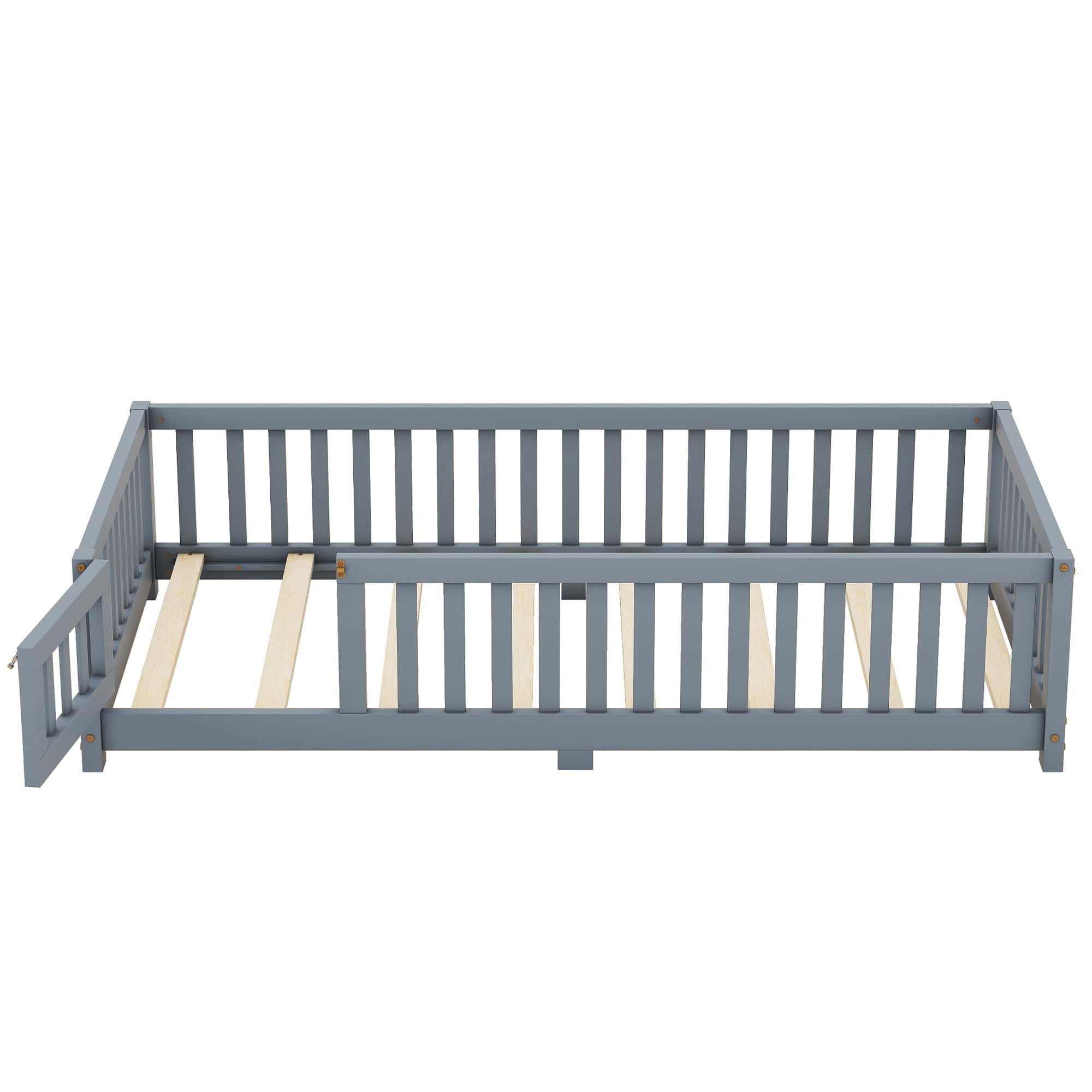 Twin Size Bed Floor Bed with Safety Guardrails and Door for Kids, Gray(Old SKU: W158090685)