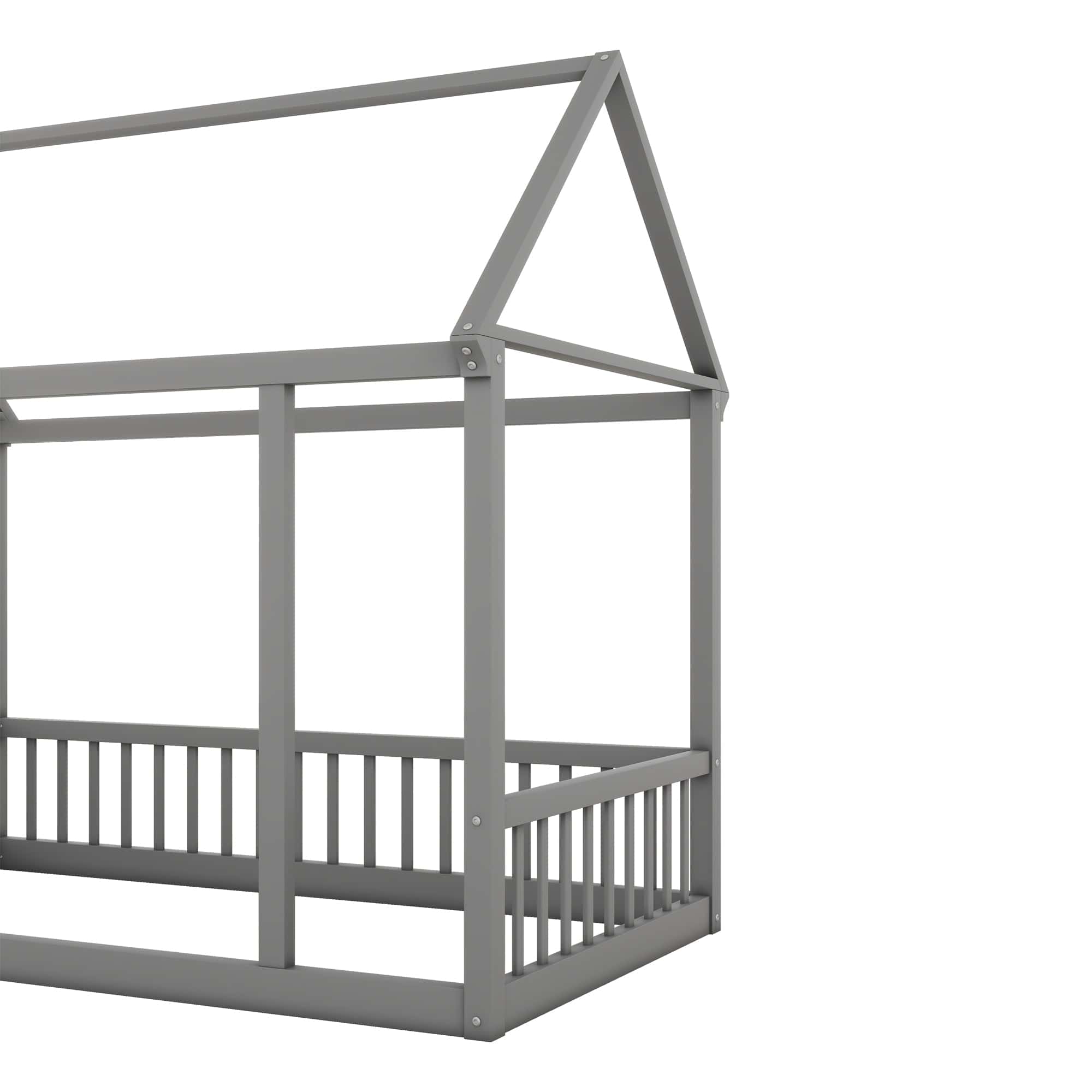 Twin Size Floor Wooden Bed with House Roof Frame and Safety Guardrails ,Gray