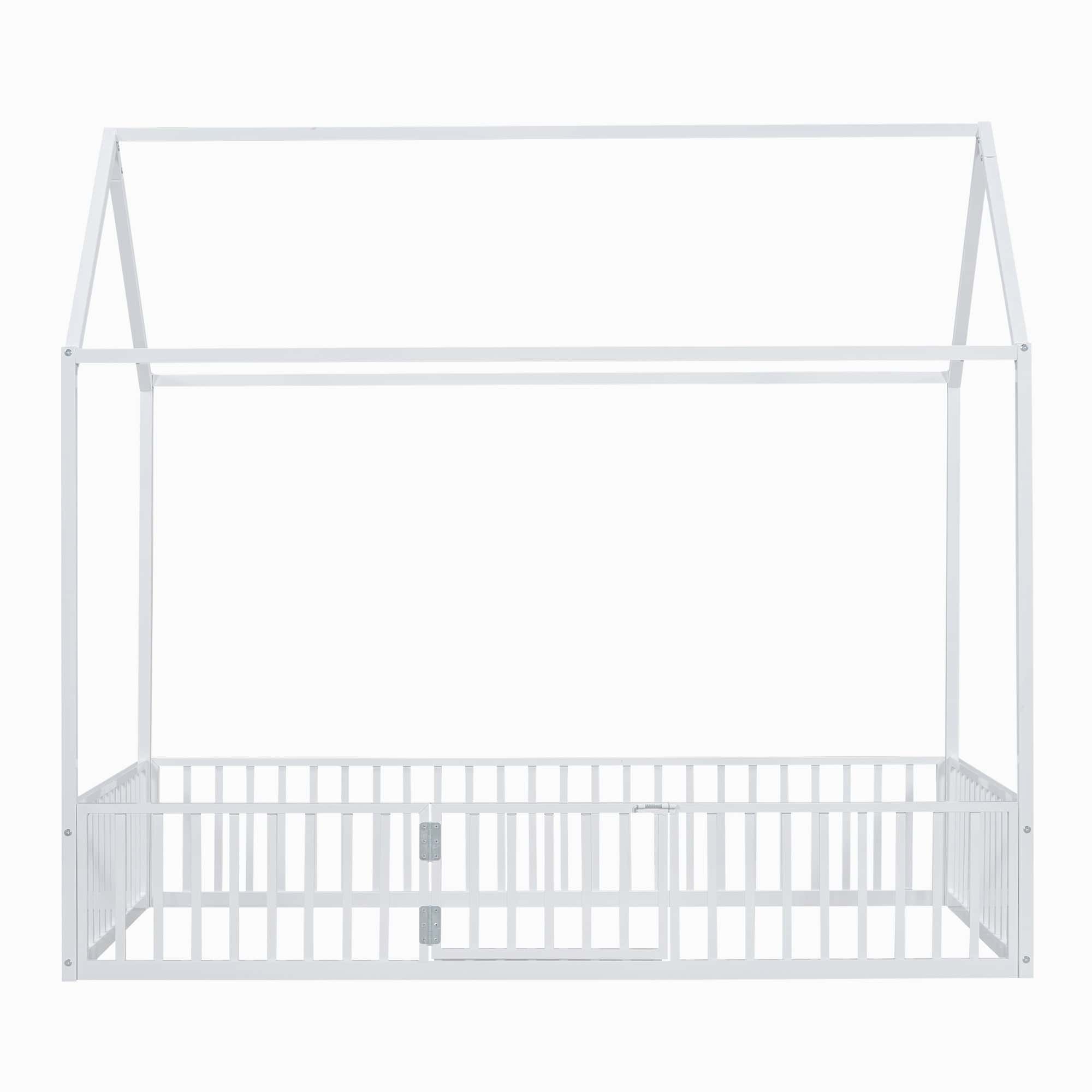Twin Size Metal House Bed with Fence and Door, White