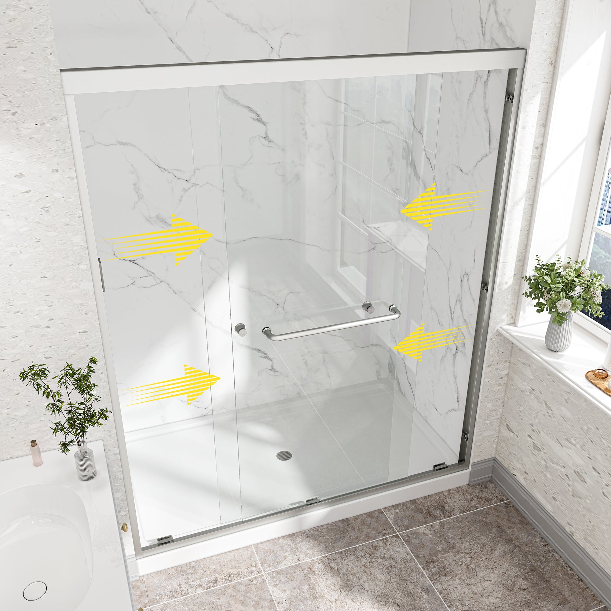 55-60 x 72 in reversible bypass shower door brushed nickel detail