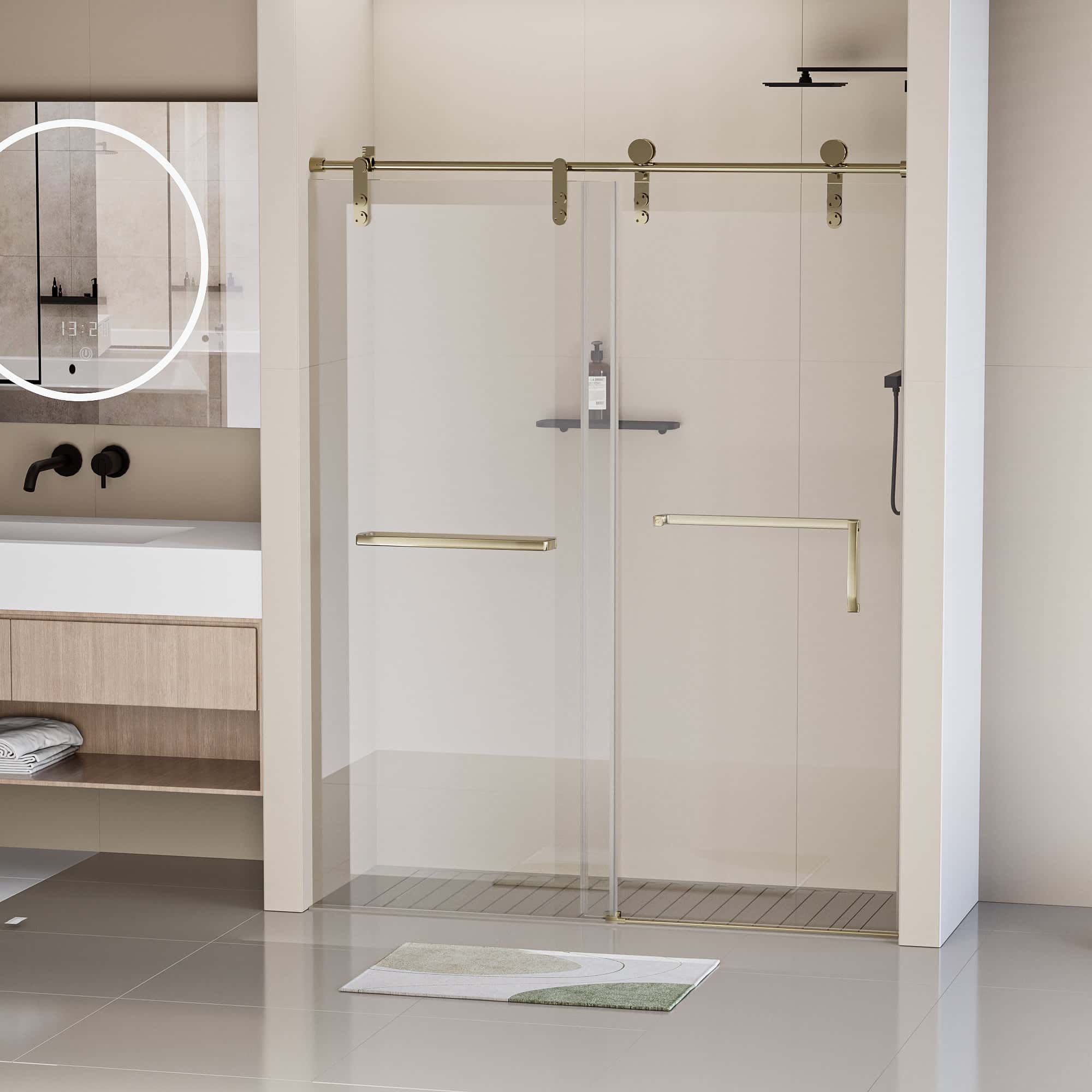 56-60"W x 76"H Frameless Shower Door, Single Sliding Shower Door, 5/16" (8mm) Clear Tempered Glass Shower Door with Explosion-Proof Film, Stainless Steel Hardware, Gold 24D210-60G-COMBO