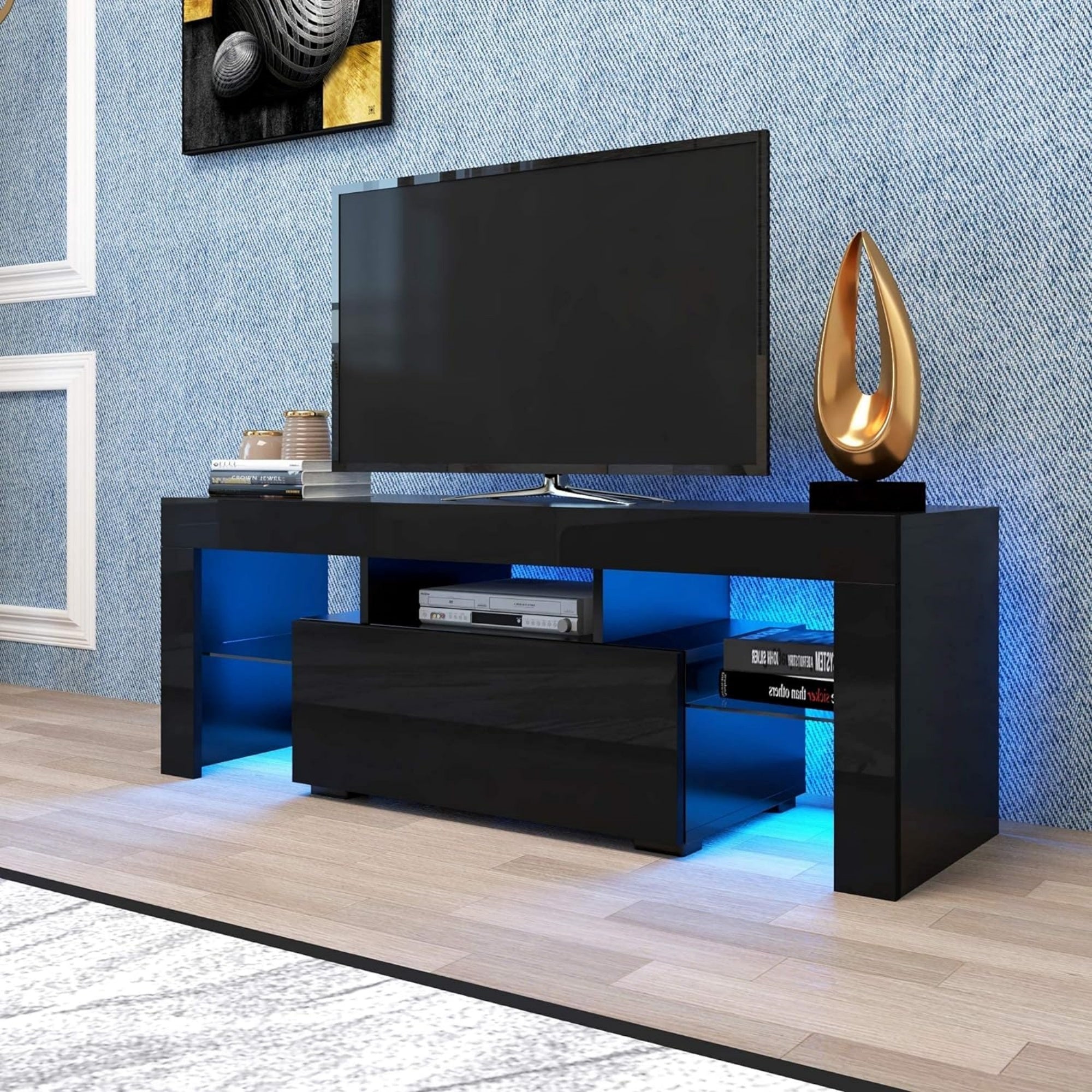LED TV Stand for Televisions up to 55 Inchs,Modern Entertainment Center with down filp door, Glass shelf and high glossy UV front face, TV Console Table for Living room,Bedroom. Black color