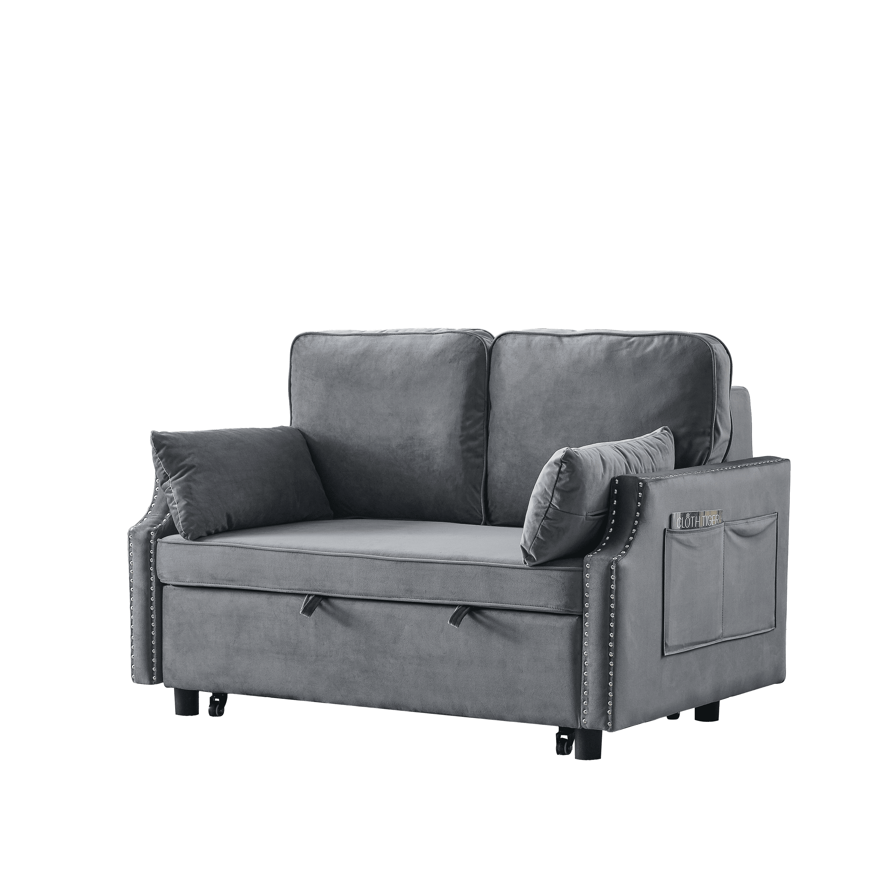 50" Velvet Upholstered Sleeper Sofa bed with Side Storage Pockets, Nailhead Design, 2-Seater Sofa with 2 Pillows and removeable Backrest Pull-out Sofa Bed for Small Spaces in Living Rooms, Apartm