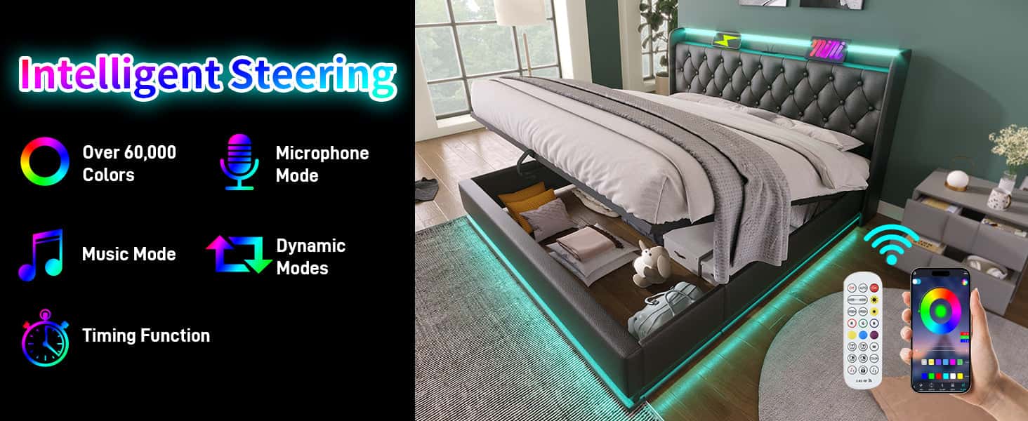 Queen size Upholstered bed, 360 surround LED function, Buttons/Apps/Remote Control, hydraulic storage bed with USB Type-C charging, Black,PU (Without mattress)