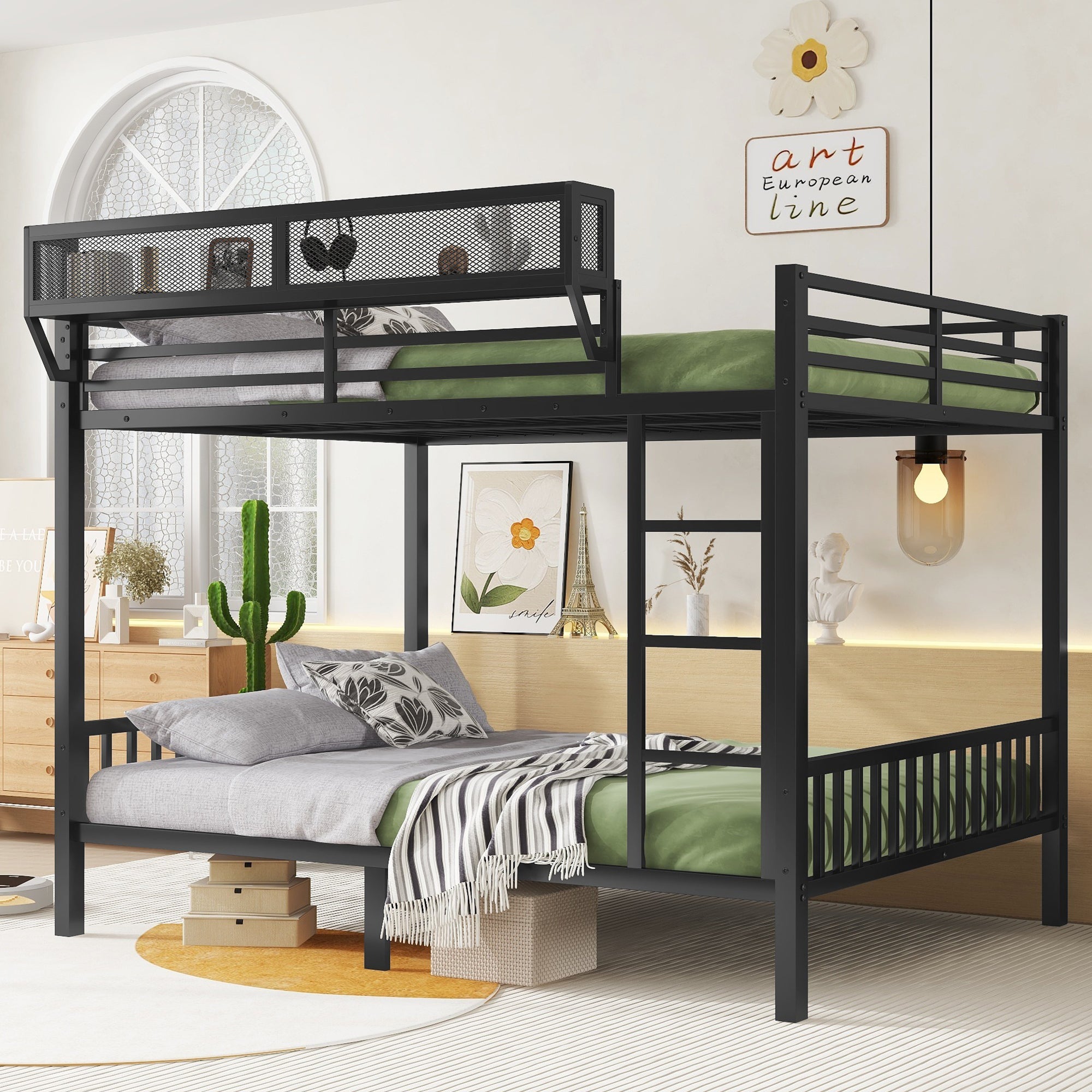 Queen over queen black metal bunk bed with upper storage shelf