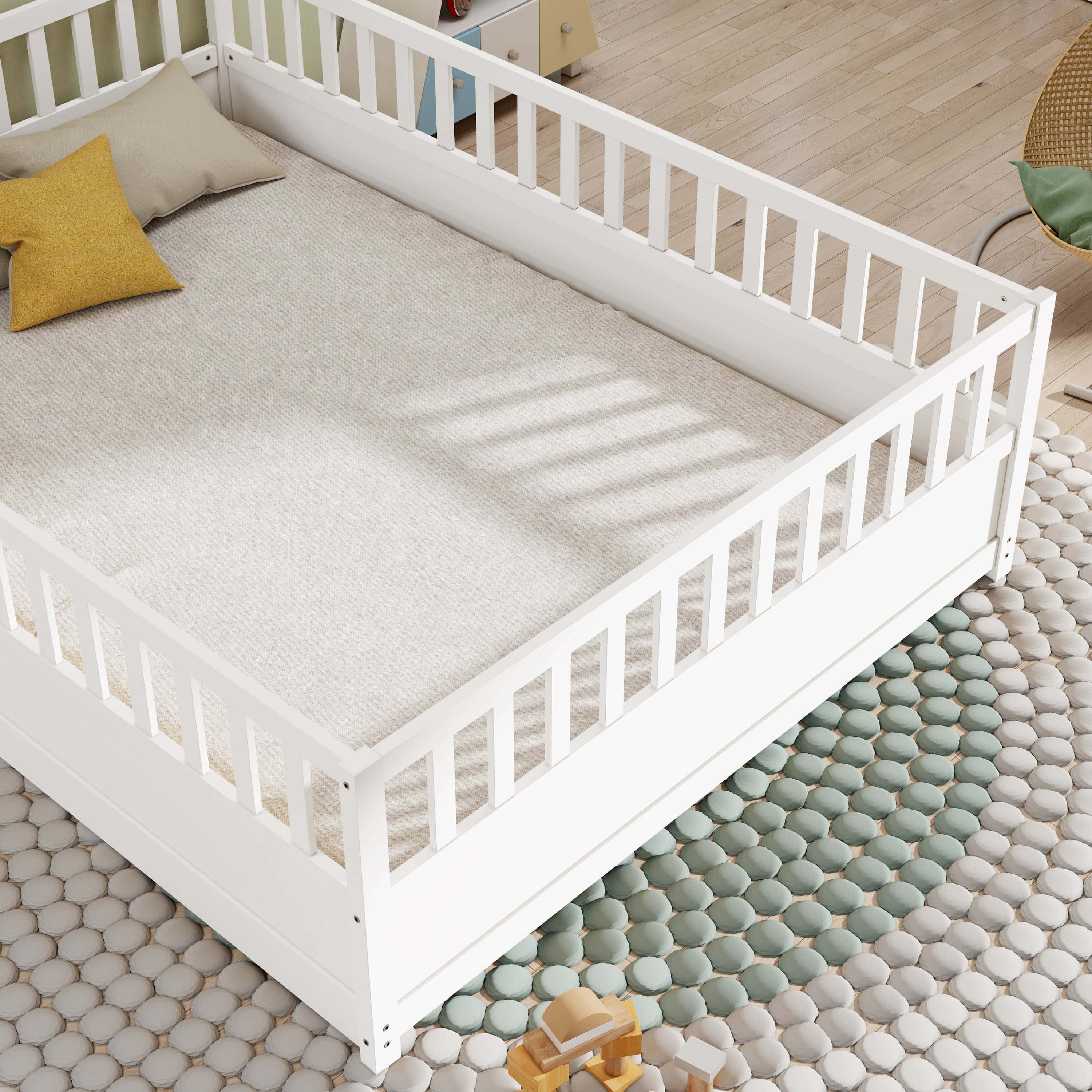 Full size Floor bed, integral construction with super high security barrier, door, children's floor bed frame, Montessori wooden children's floor bed, Support slat white