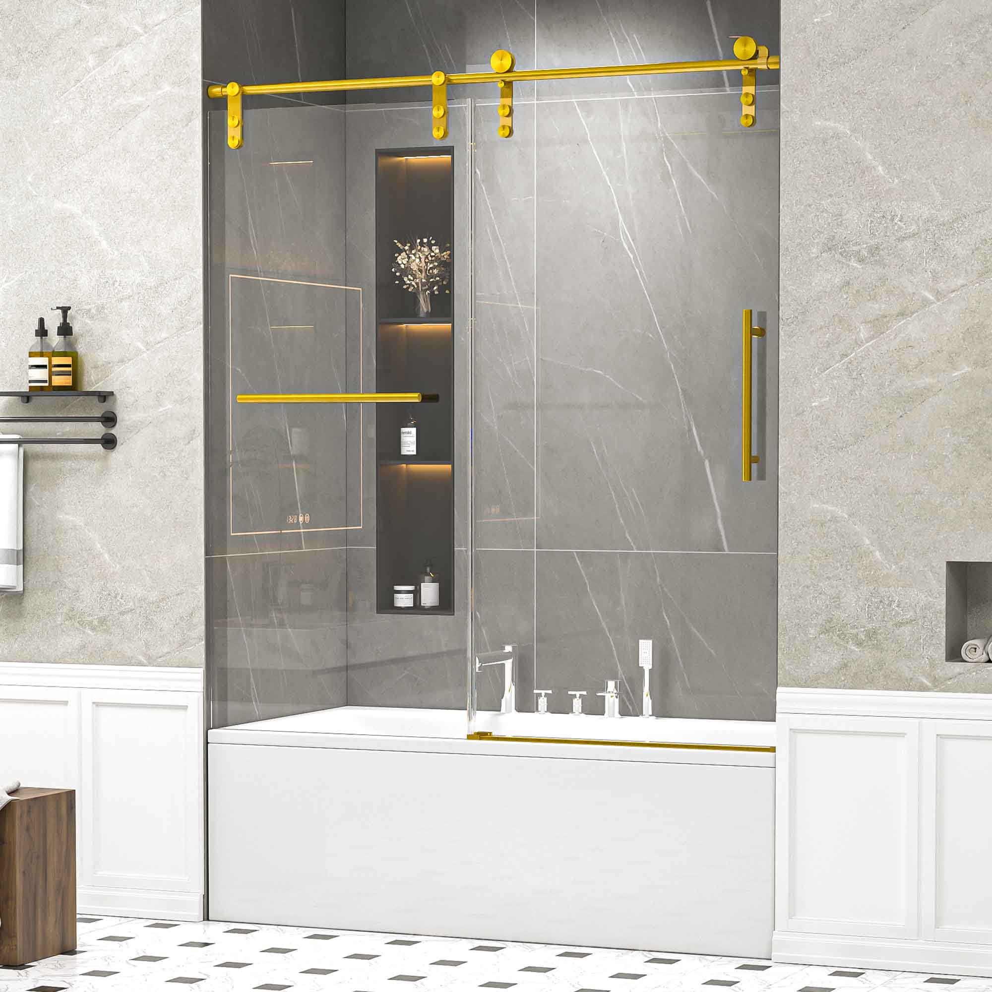 56-60 x 66 in Frameless Single Sliding Shower Door with Towel Rail - 56-60 x 66 in / Brushed Gold / Without Soft-Close view 1