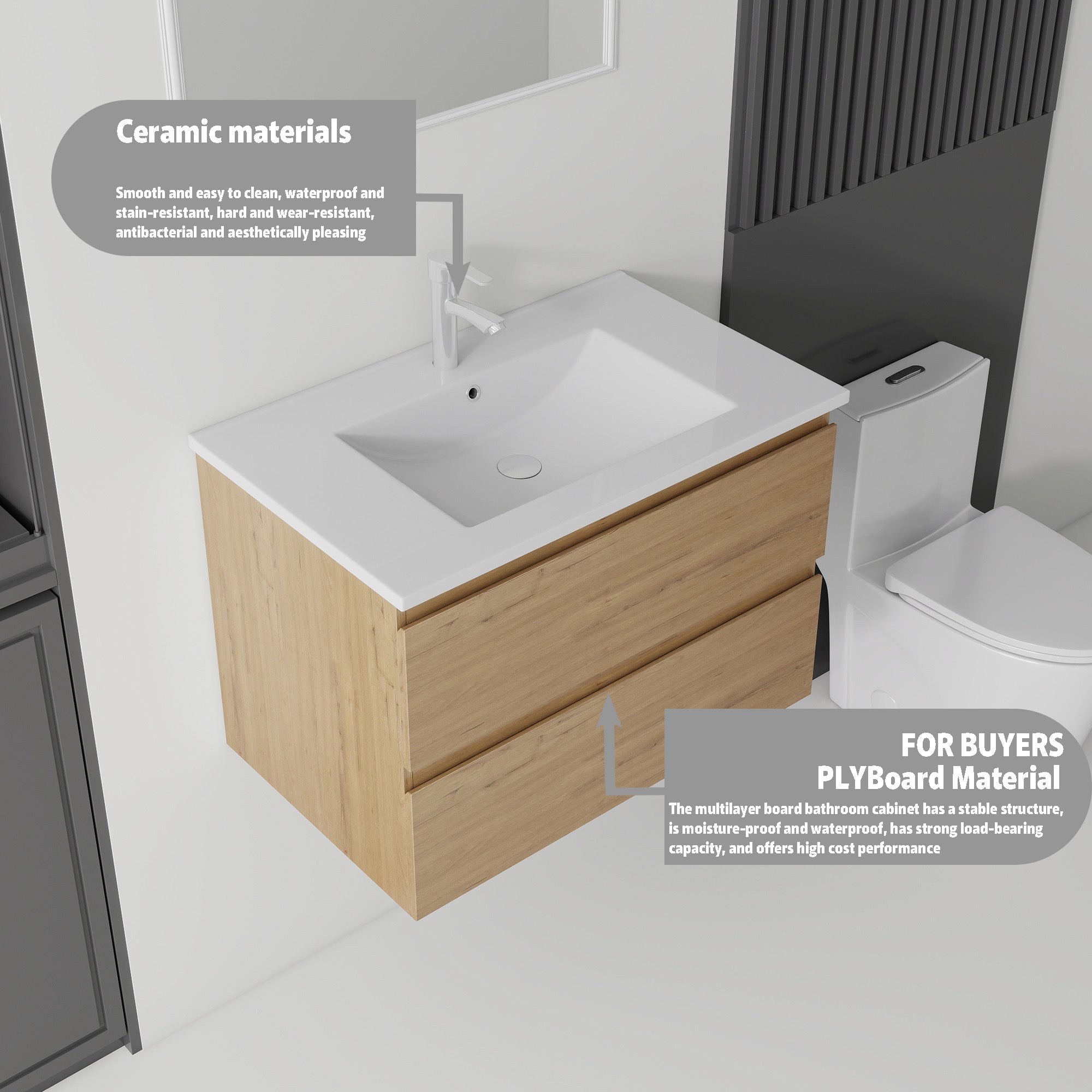 Oak floating bathroom vanity with ceramic sink, angled view