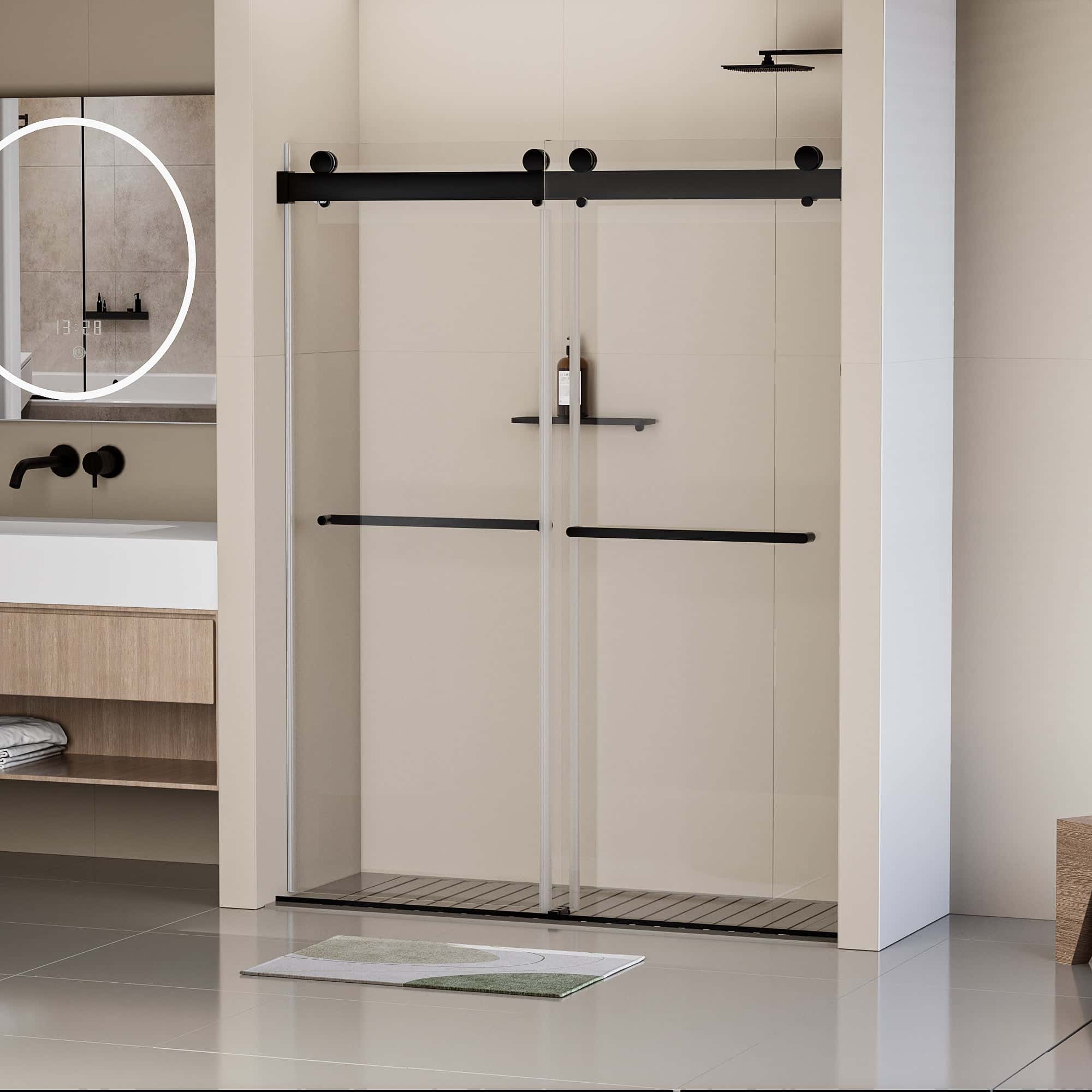Frameless Soft-closing Shower Door, Double Sliding Shower Door, 44-48"W x 76"H 5/16" (8mm) Clear Tempered Glass Shower Door with Explosion-Proof Film, Matte Black 24D213-48MB