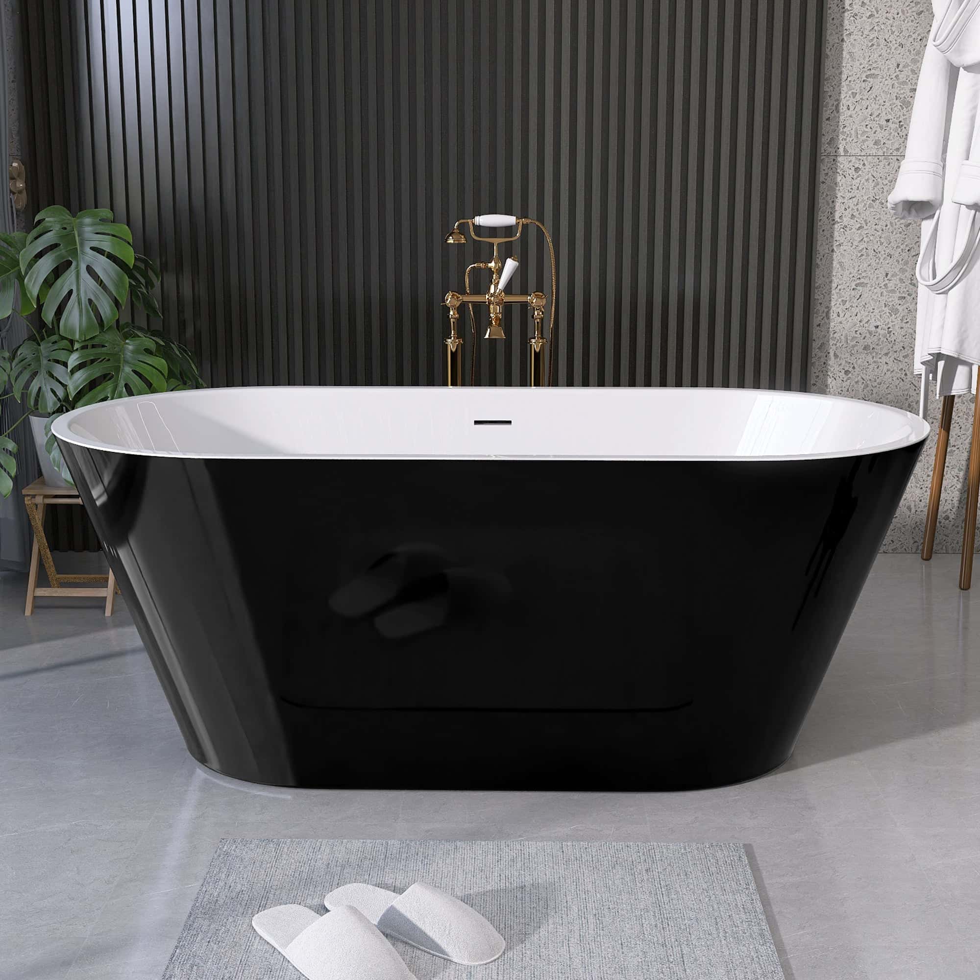 55" Acrylic Freestanding Bathtub Contemporary Soaking White Tub with Overflow and Pop-up Drain Gloss Black